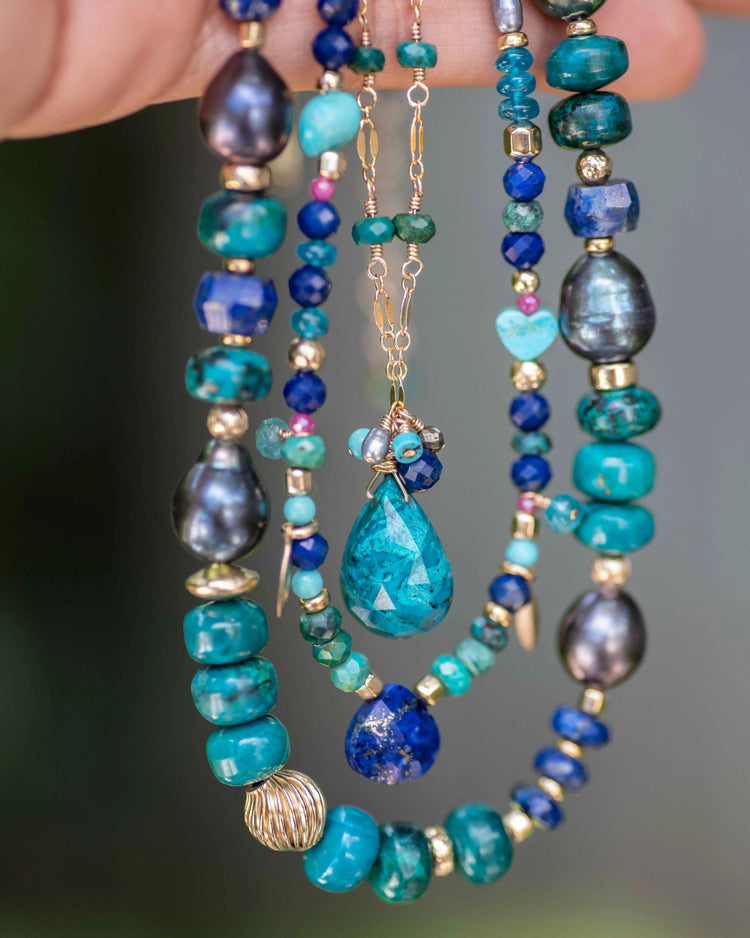 beaded gemstone necklace in blue and green