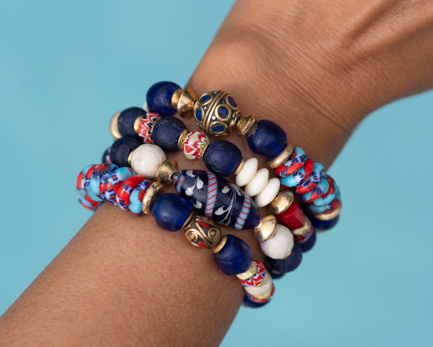 Navy Blue Glass & Coral Beaded Bracelet