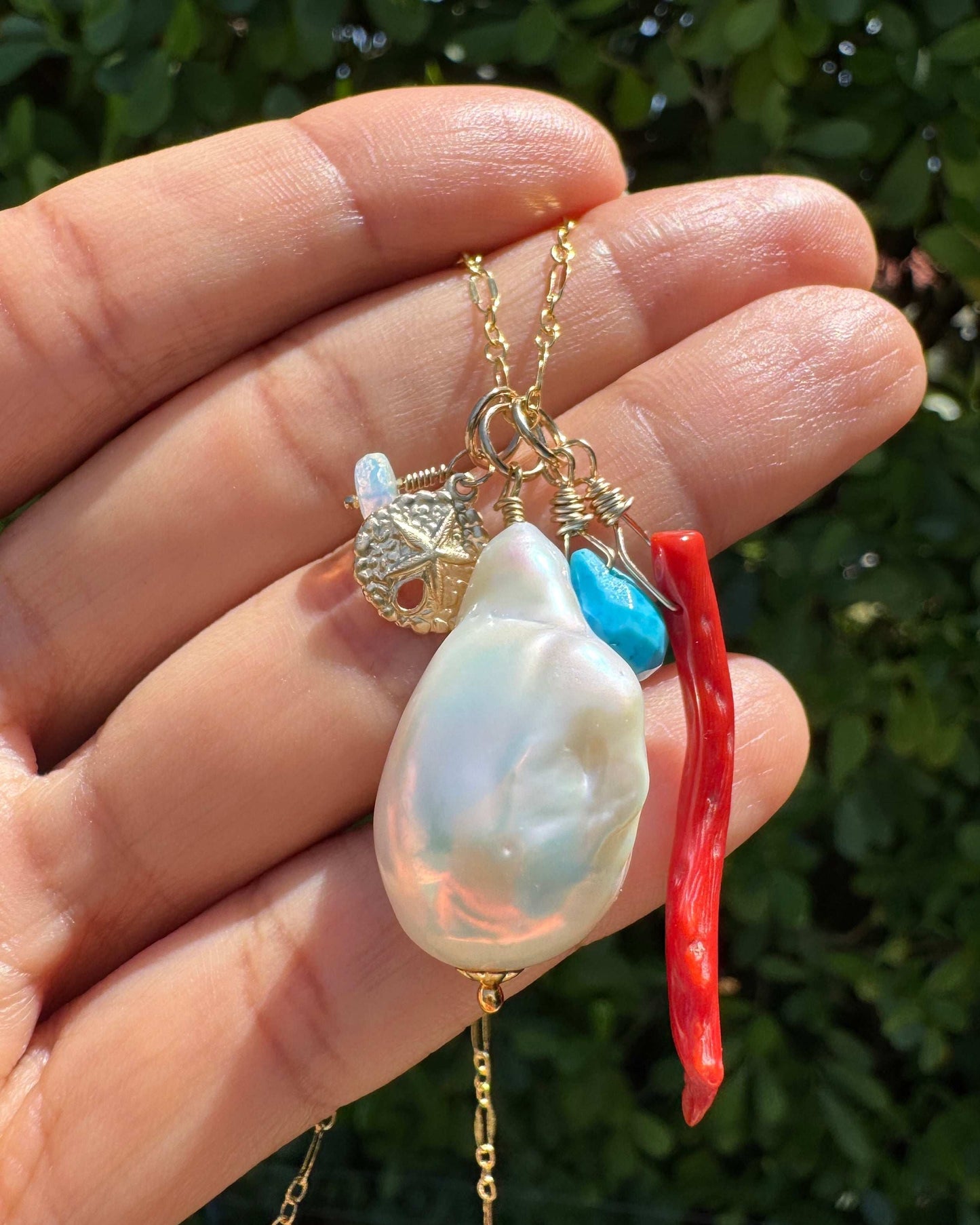 Large Baroque Pearl & Coral Seashell Charm Necklace