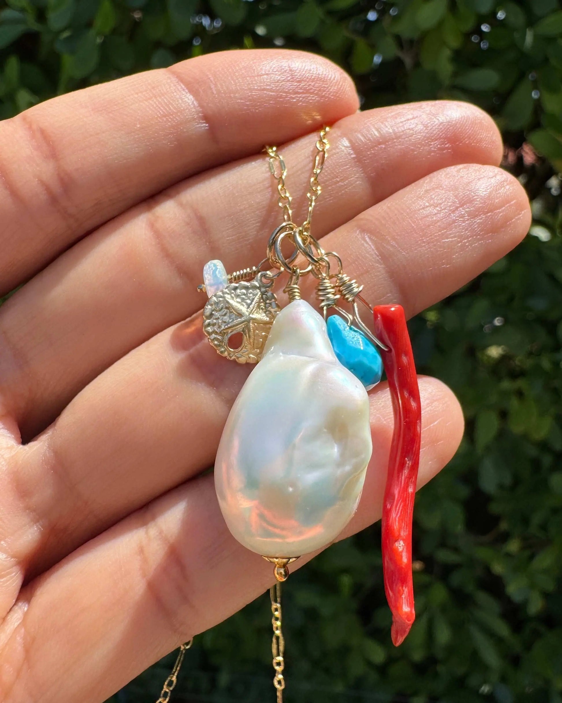 Large Baroque Pearl & Coral Seashell Charm Necklace