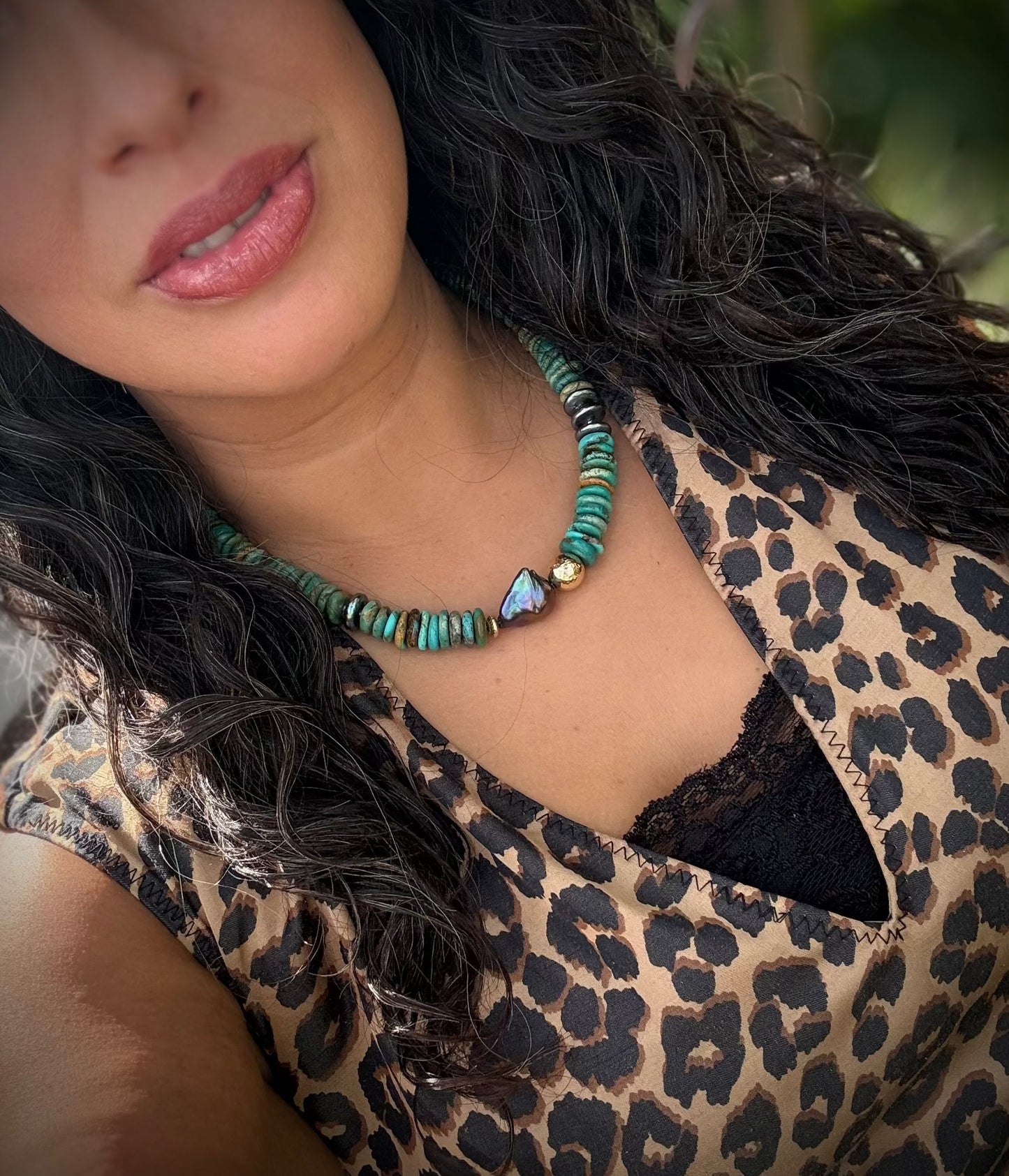 Turquoise Disc & Peacock Pearl Statement Necklace Vida Jewelry Designs