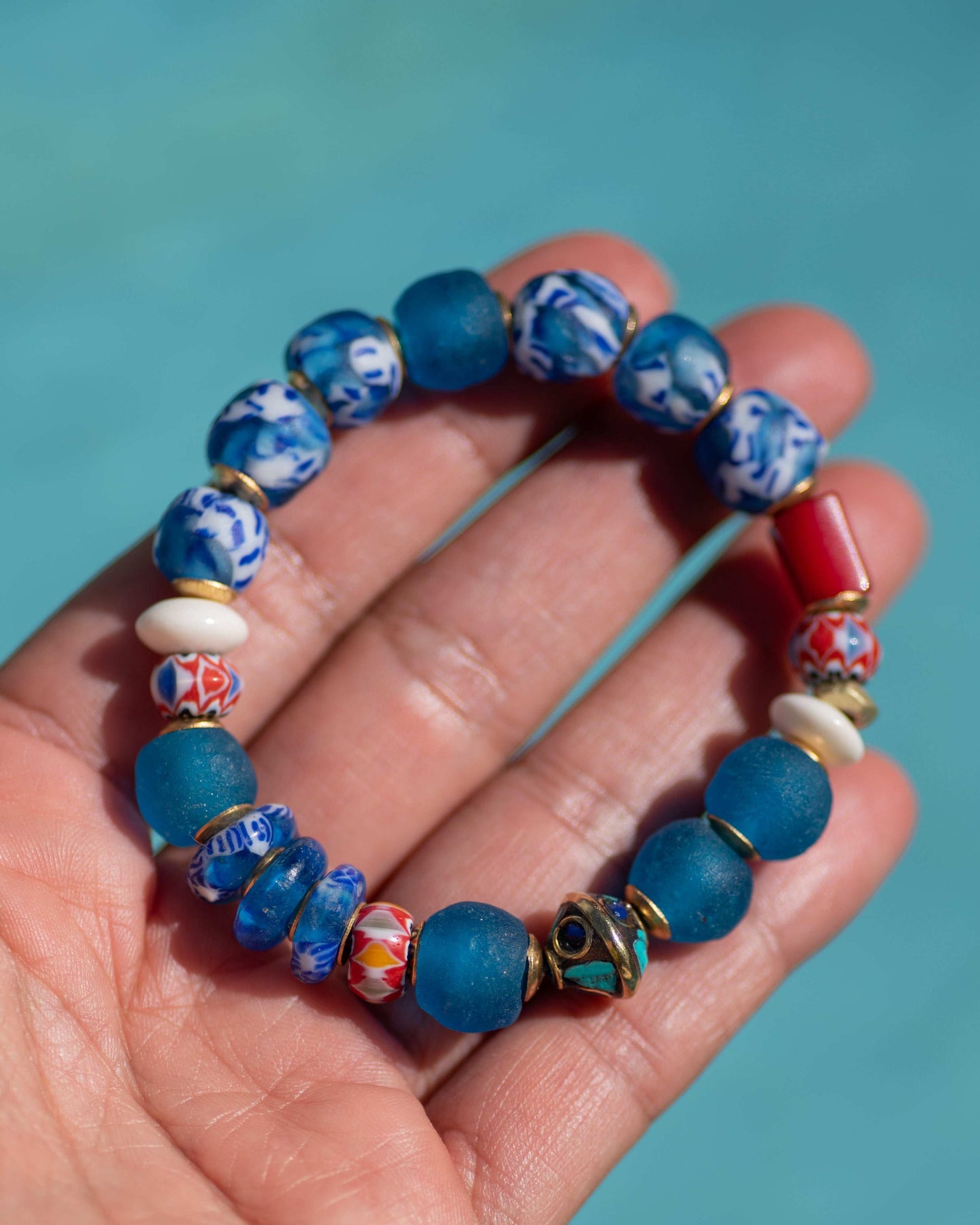 Blue & White African Glass Beaded Bracelet