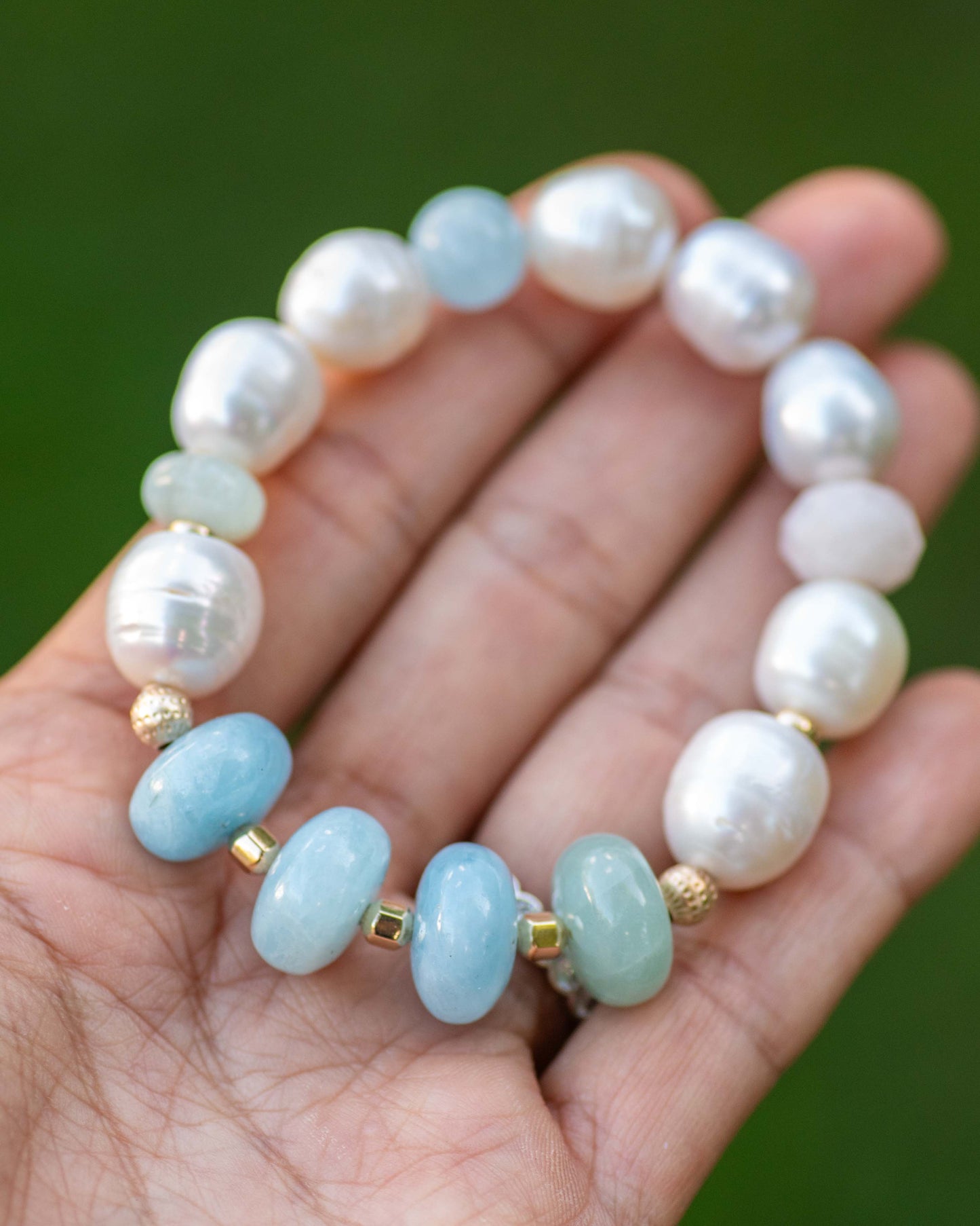 Chunky Aquamarine & Pearl Beaded Bracelet