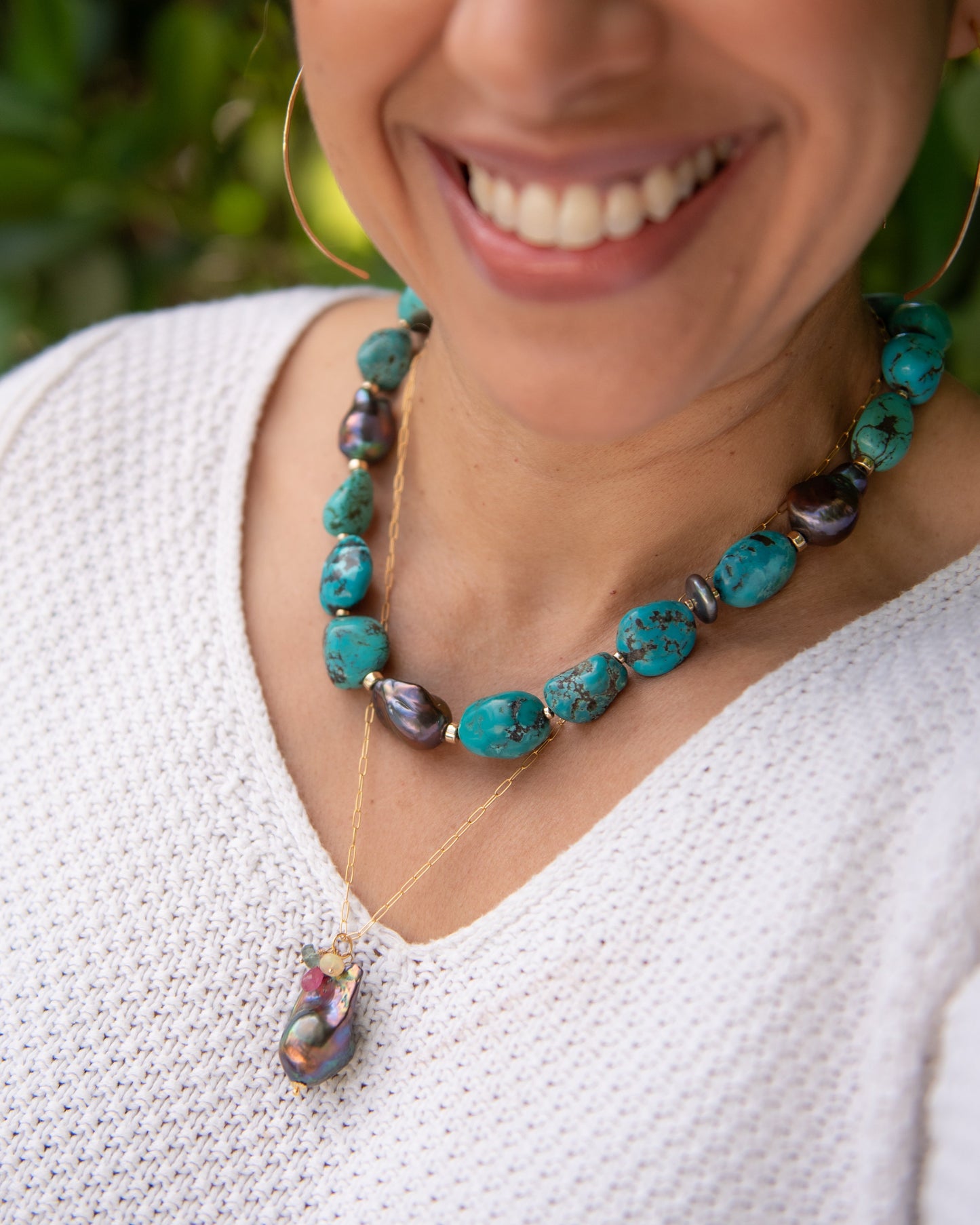 Turquoise Nugget & Baroque Pearl Statement Necklace Vida Jewelry Designs