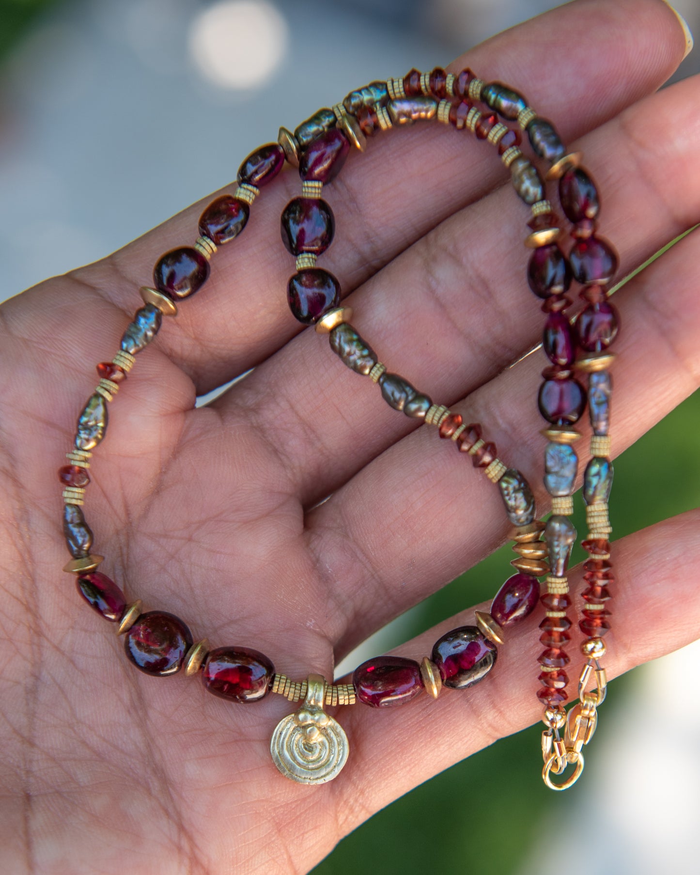 Garnet & Peacock Pearls Brass Necklace