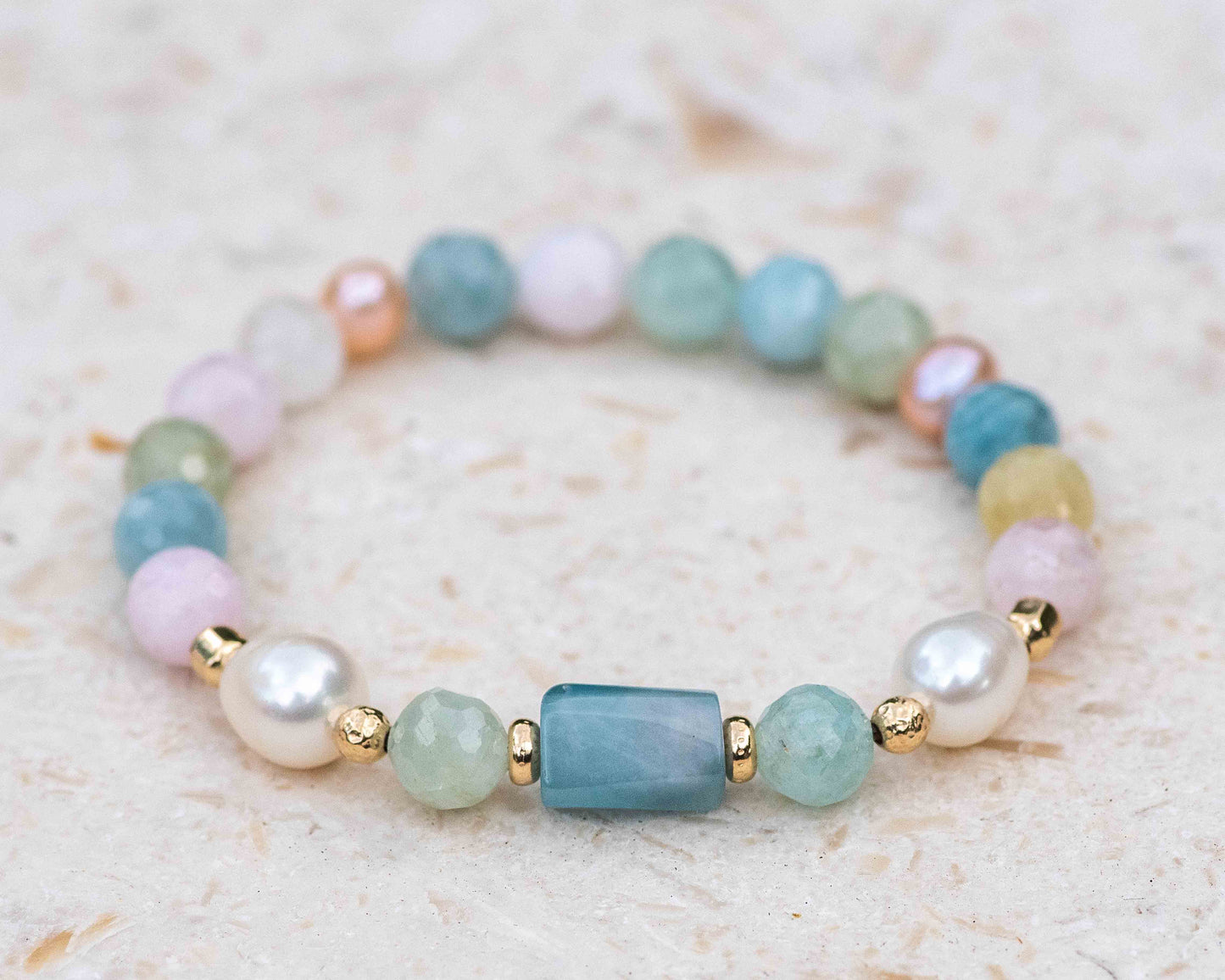 Aquamarine Barrel & Morganite 8mm Gemstone Bracelet
