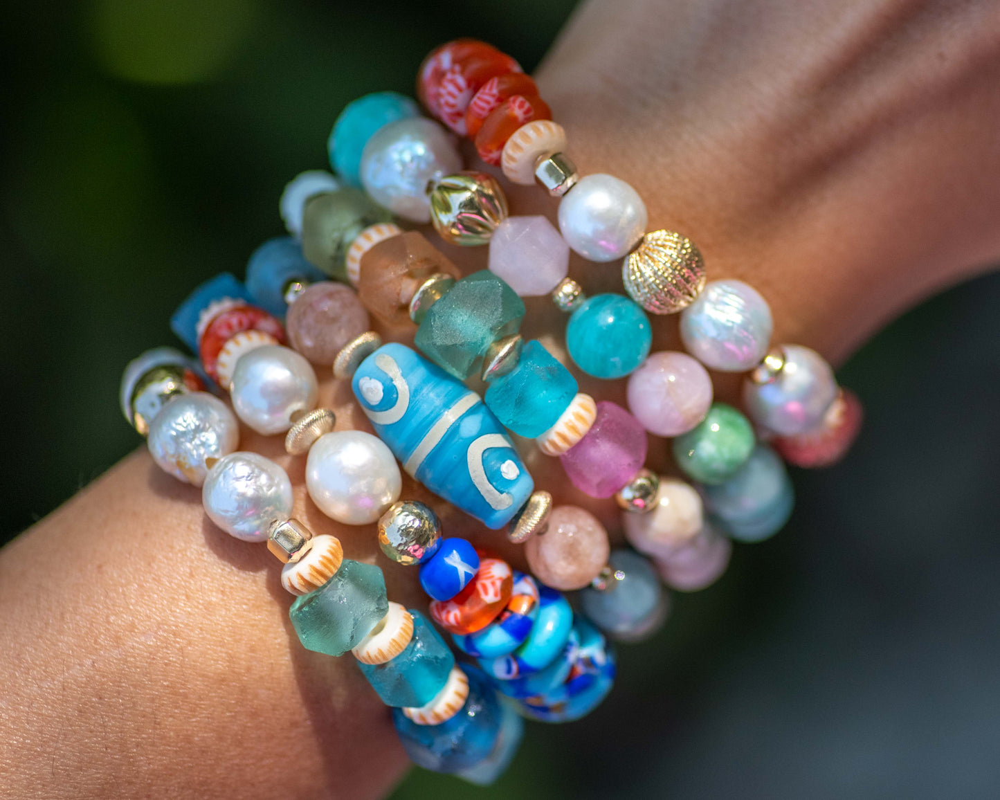 Pink & Orange African Glass & Baroque Pearl Single Beaded Bracelet