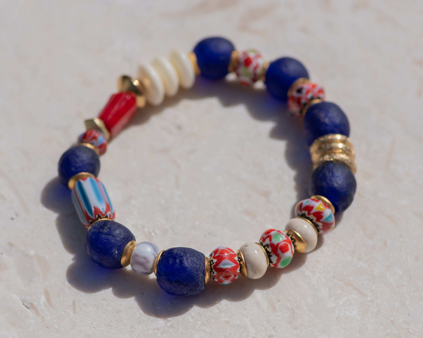 Navy Blue Glass & Coral Beaded Bracelet