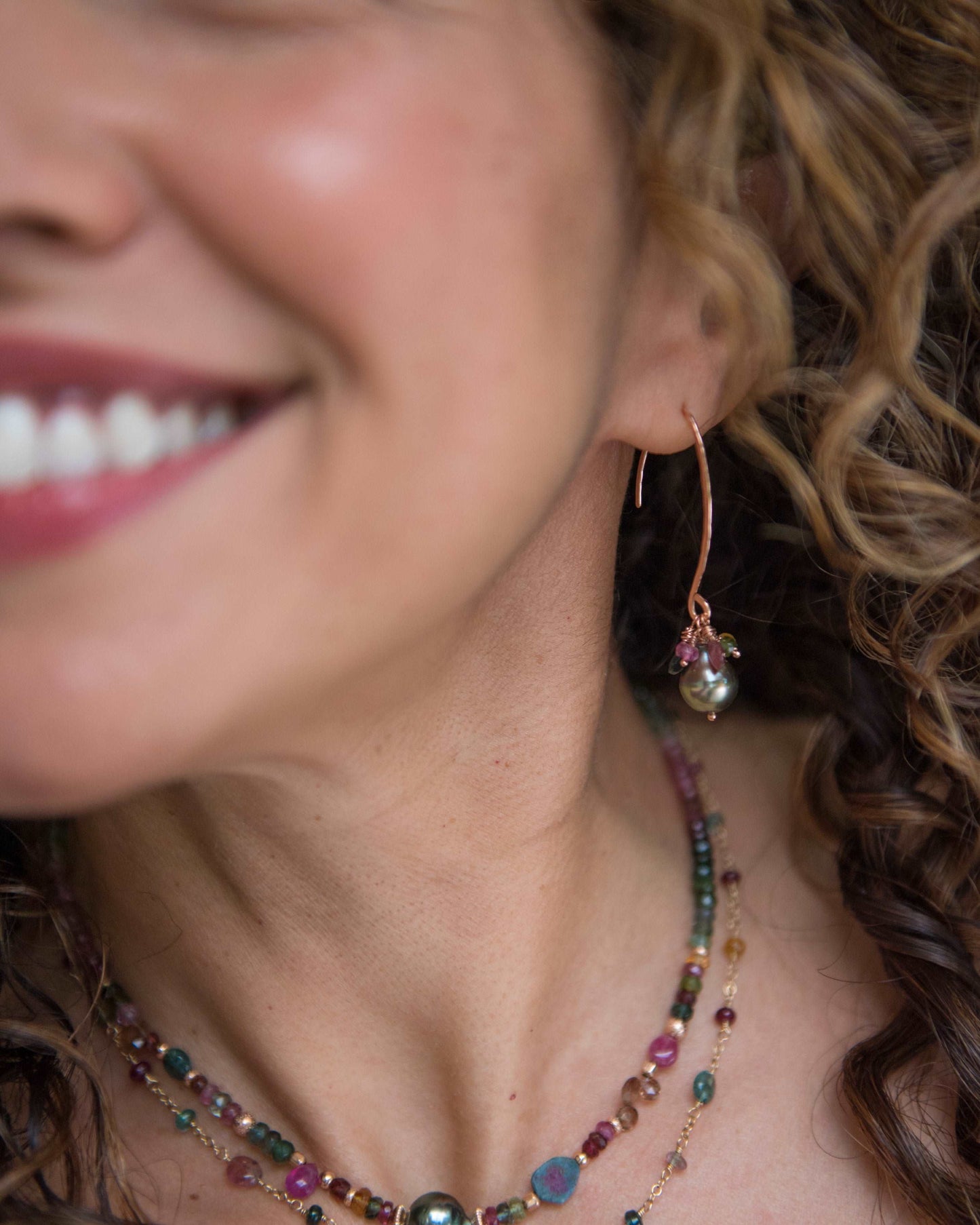 Peacock Pearl & Tourmaline Cluster Gemstone Earrings