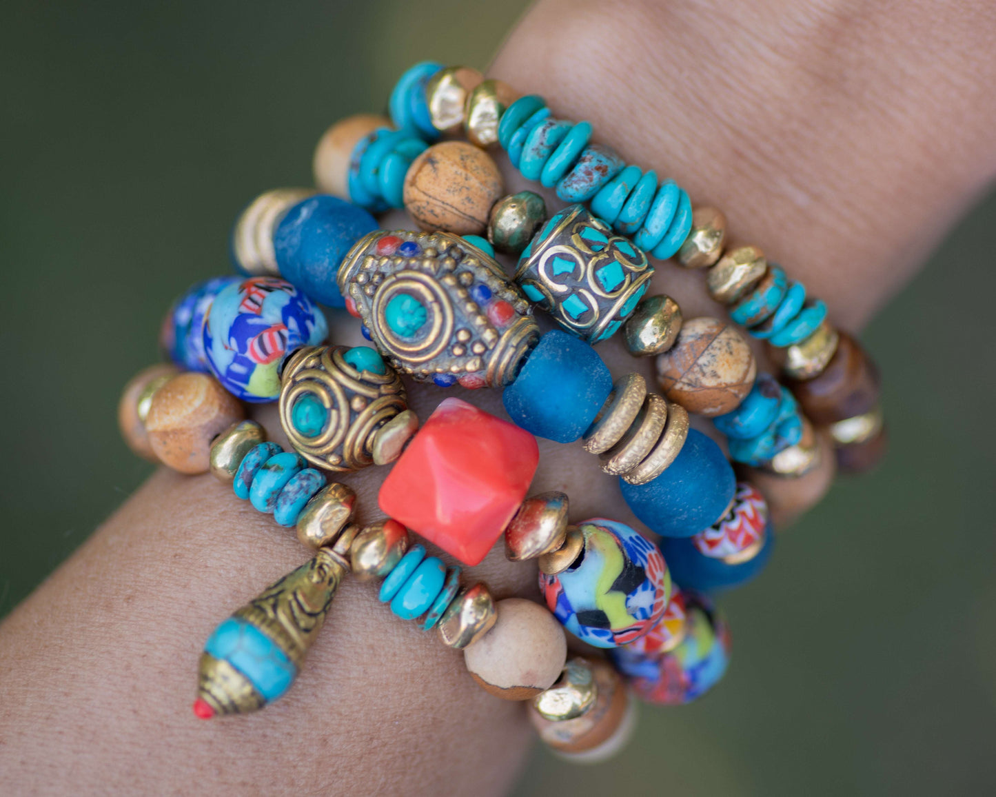 Picture Jasper & Genuine Turquoise Brass Bracelet