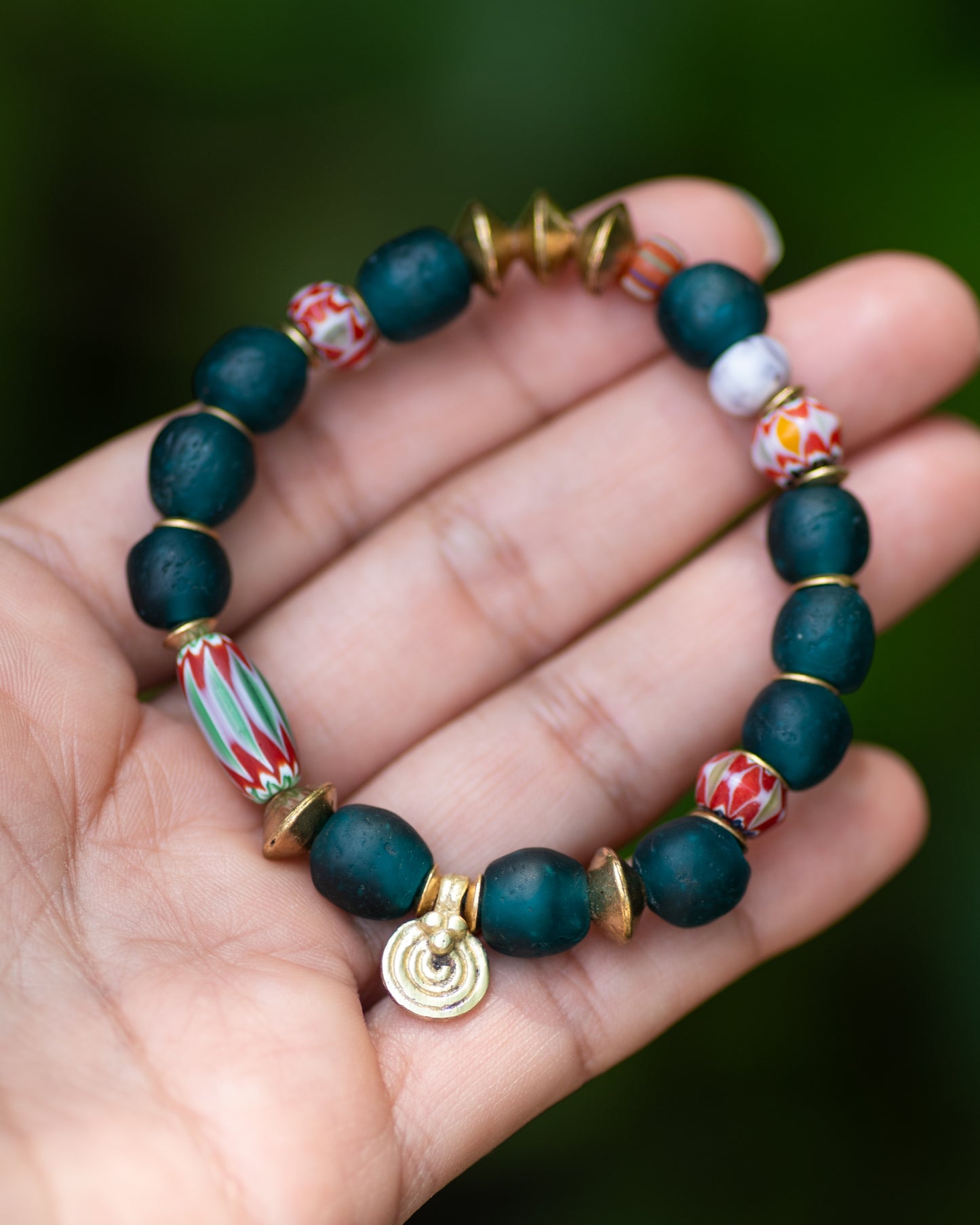 Deep Teal African Glass Charm Bracelet
