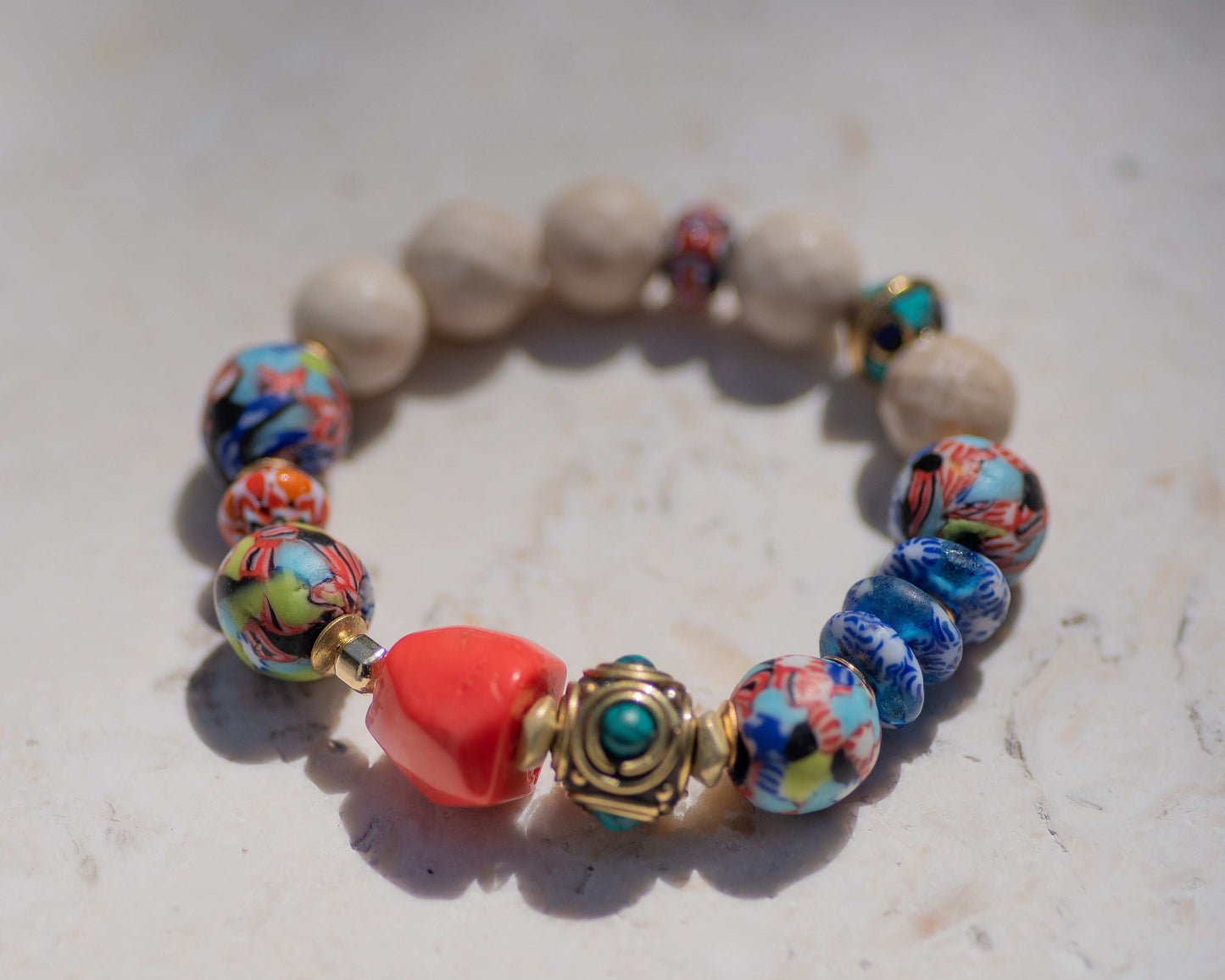 Coral & African Glass Tibetan Beaded Bracelet