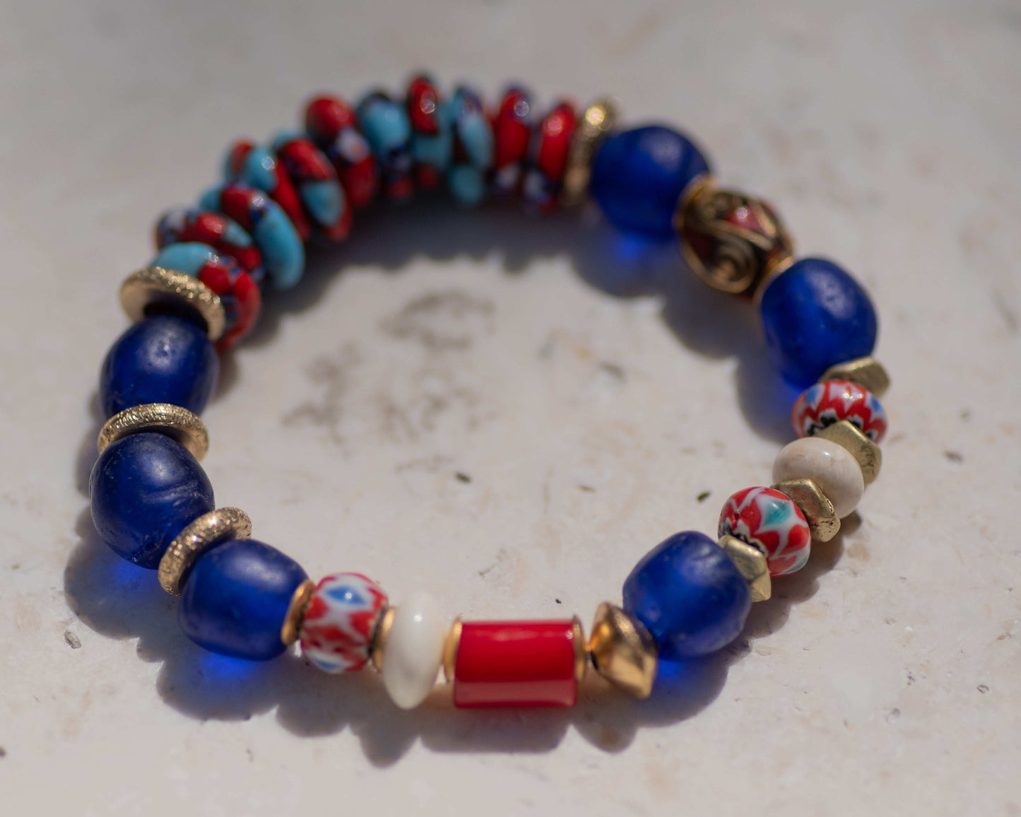 Red & Cobalt Blue African Glass Beaded Bracelet