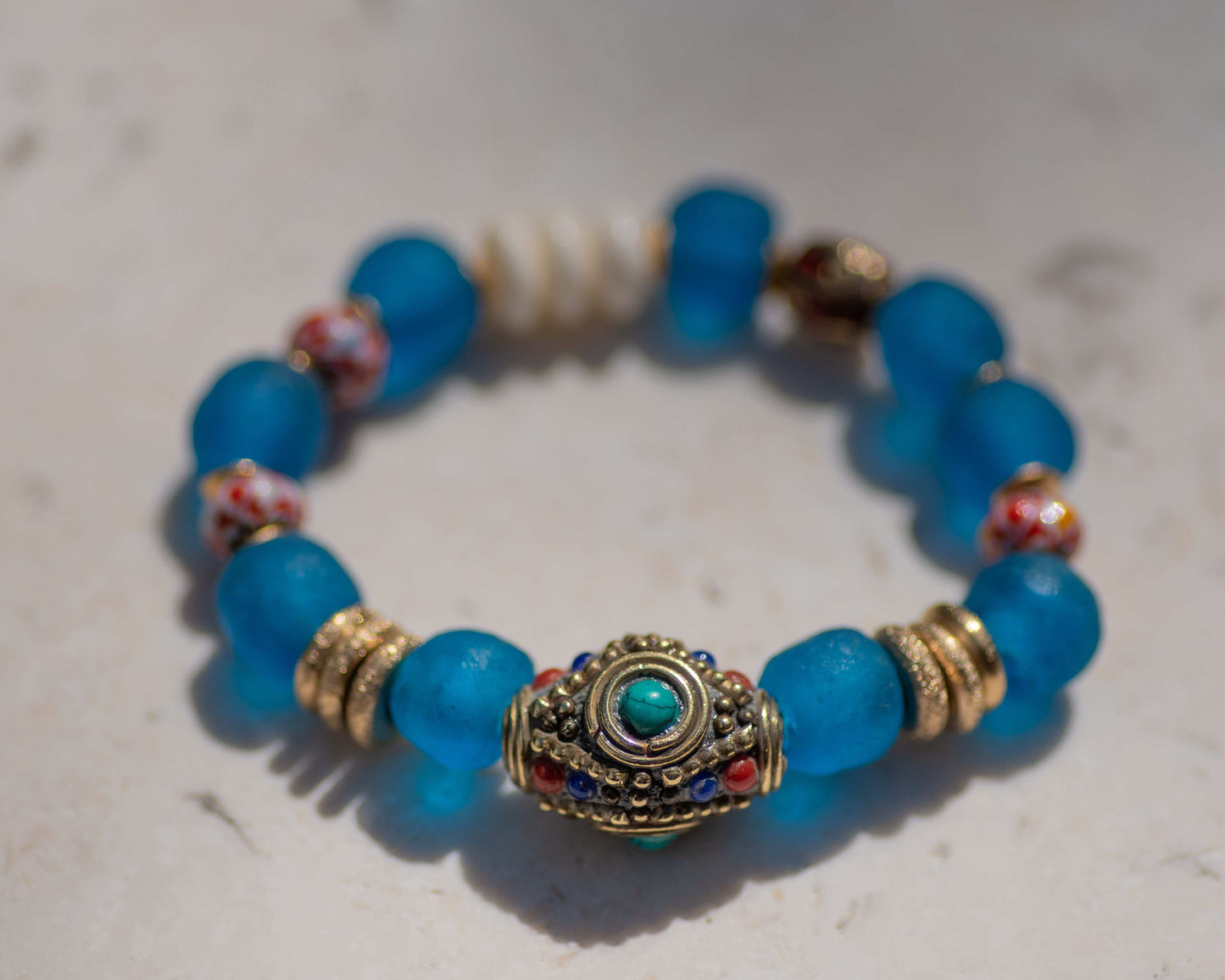 Tibetan Bead & Azul African Glass Beaded Bracelet
