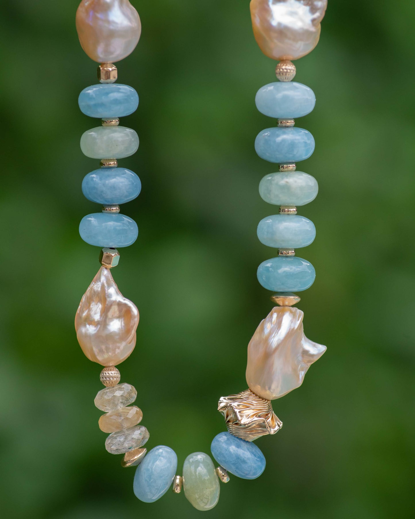 Large Aquamarine & Baroque Pearl Statement Necklace