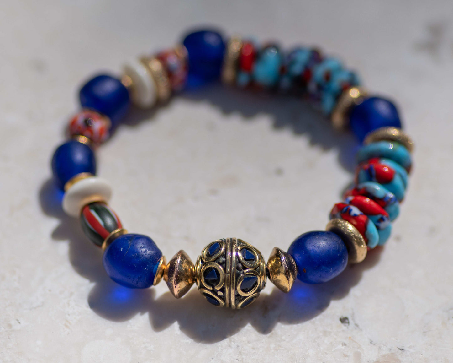 Lapis Tibetan Bead & Cobalt African Glass Bracelet