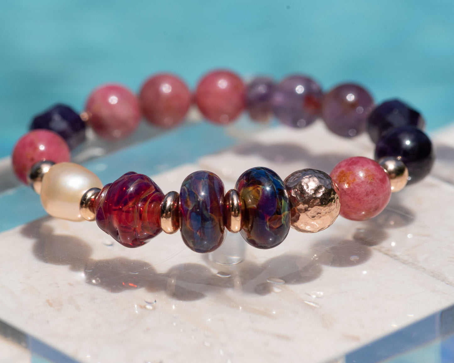 Thulite & Amethyst Artisan Glass Beaded Bracelet
