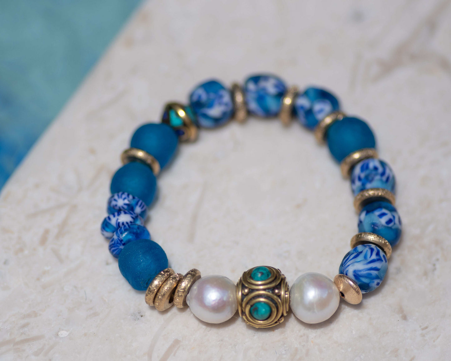 Blue & White African Glass Tibetan Beaded Bracelet