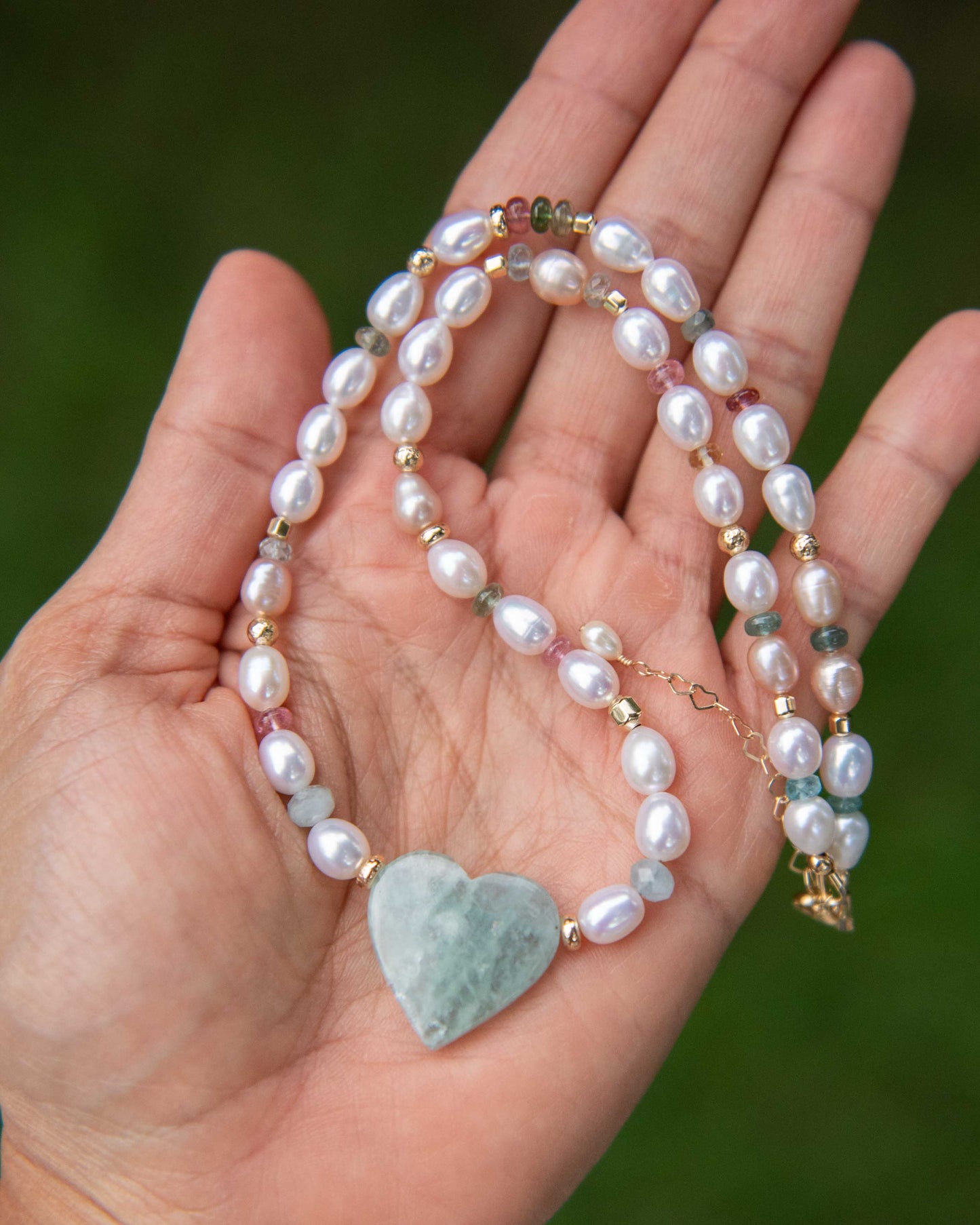 Aquamarine Heart & Pearl Necklace