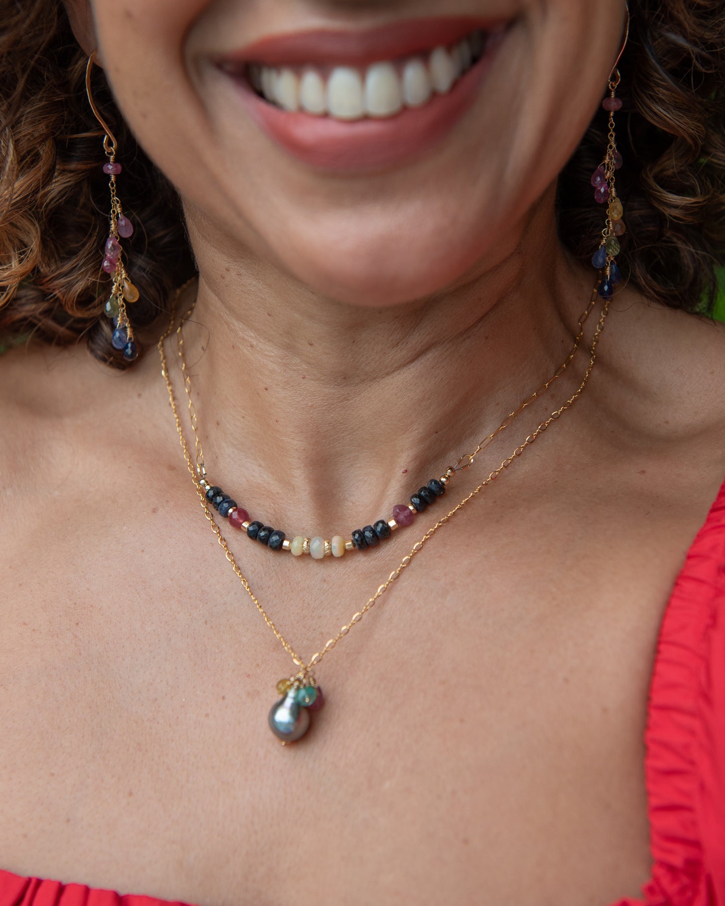 Blue Sapphire & Opal Gemstone Bar Necklace
