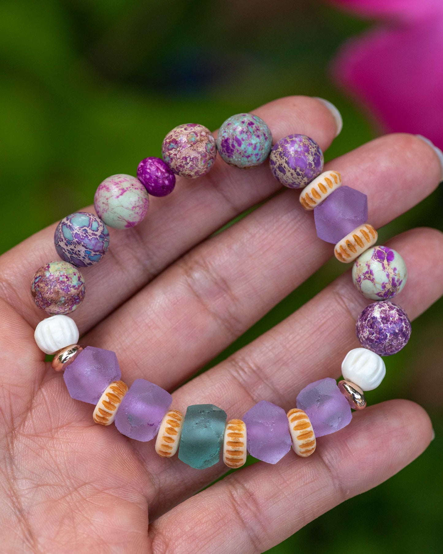 Galaxy Imperial Jasper & Purple Glass Beaded Bracelet