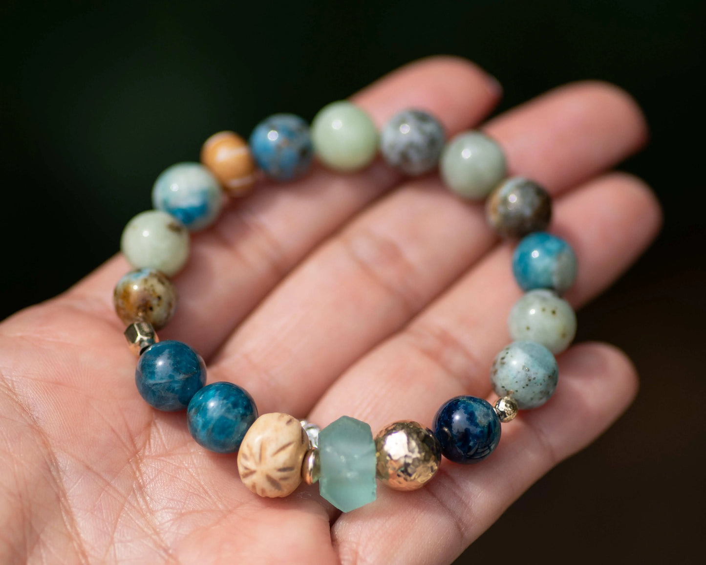 Apatite & Pyrite in Dioptase Beaded Bracelet