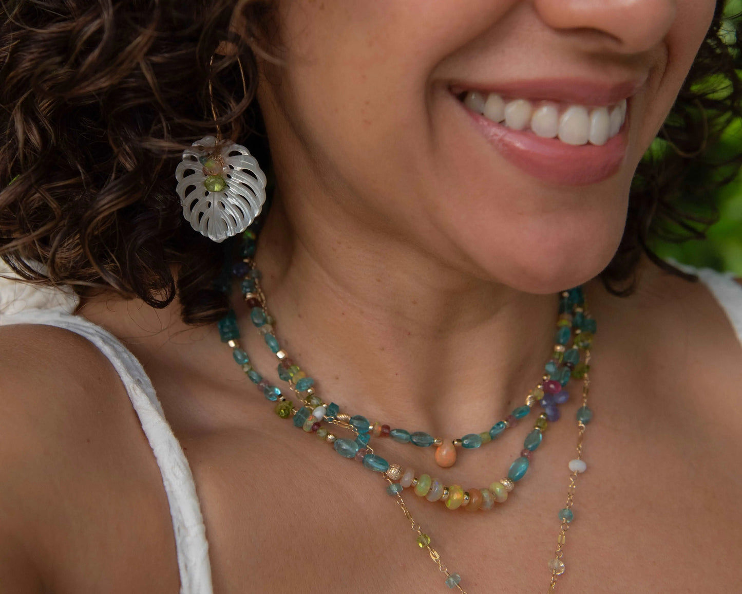 Mother of Pearl Monstera Peridot Gemstone Earrings