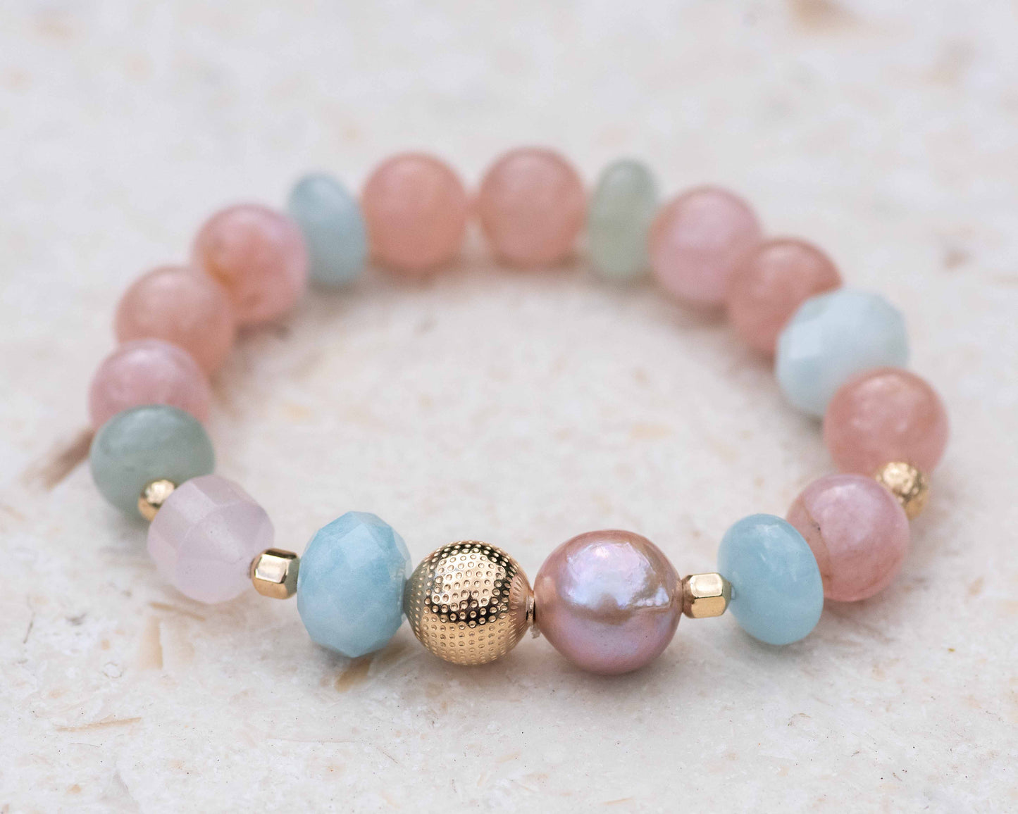 Pink Morganite & Aquamarine Mauve Pearl Gemstone Bracelet