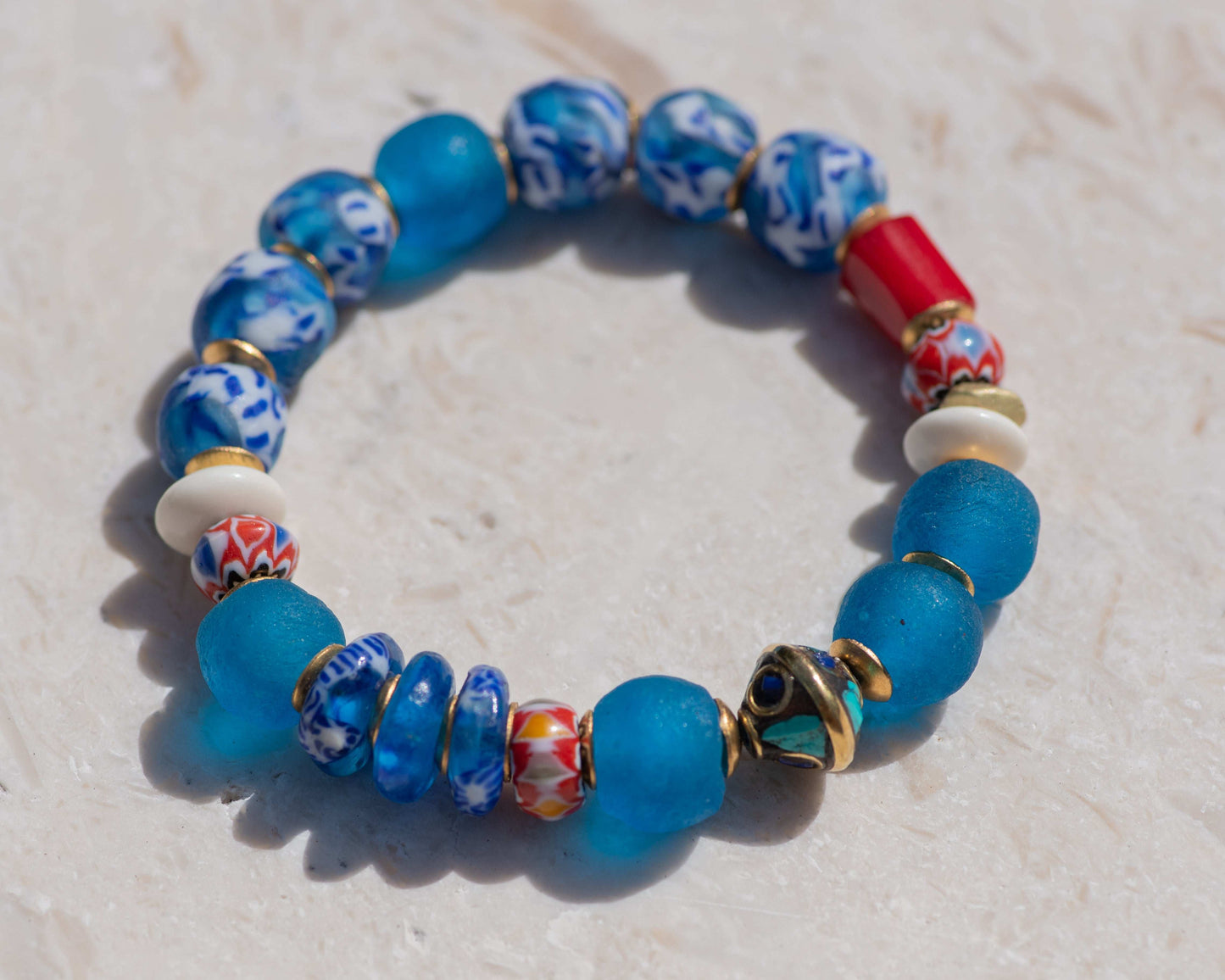 Blue & White African Glass Beaded Bracelet