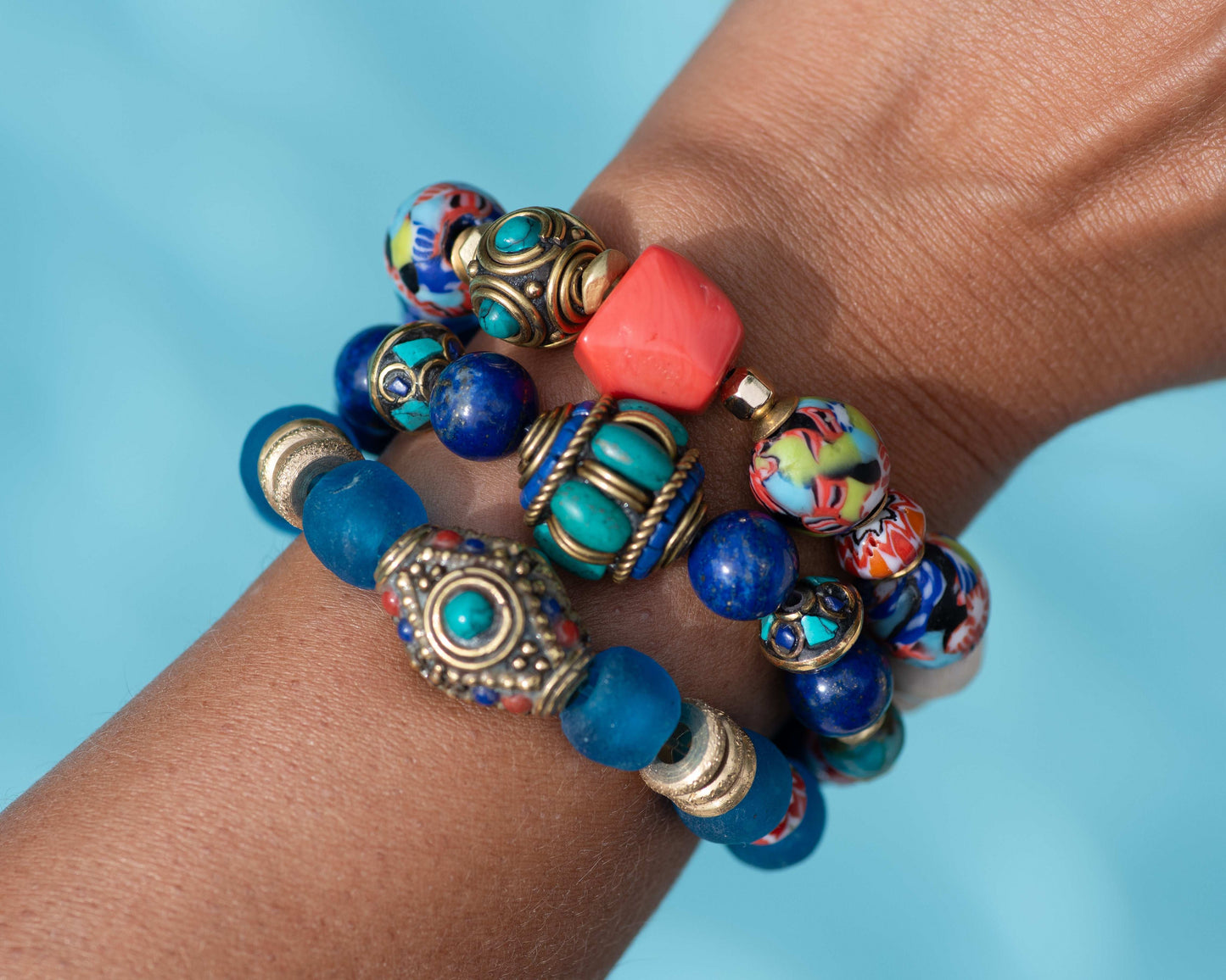 Coral & African Glass Tibetan Beaded Bracelet