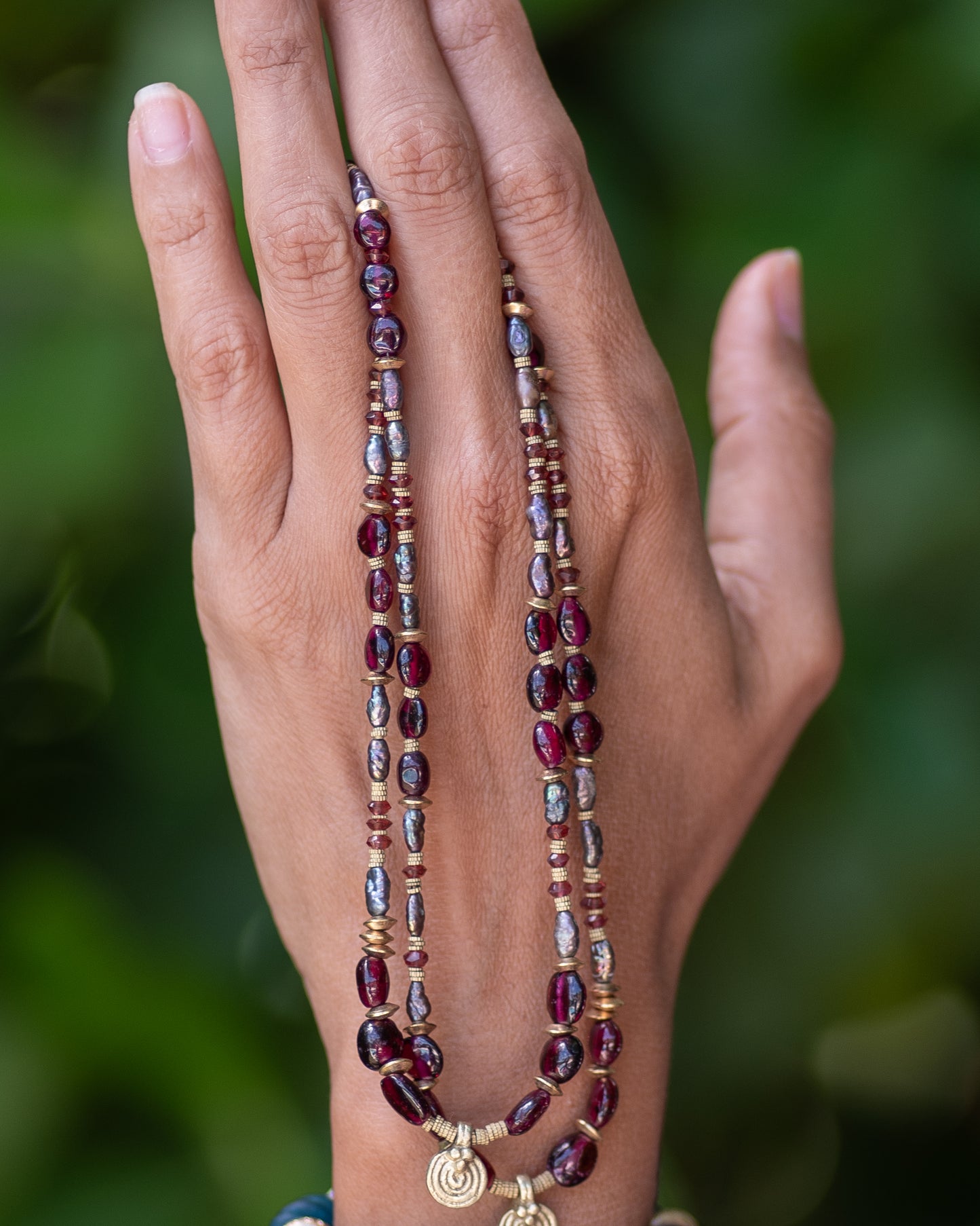 Garnet & Peacock Pearls Brass Necklace