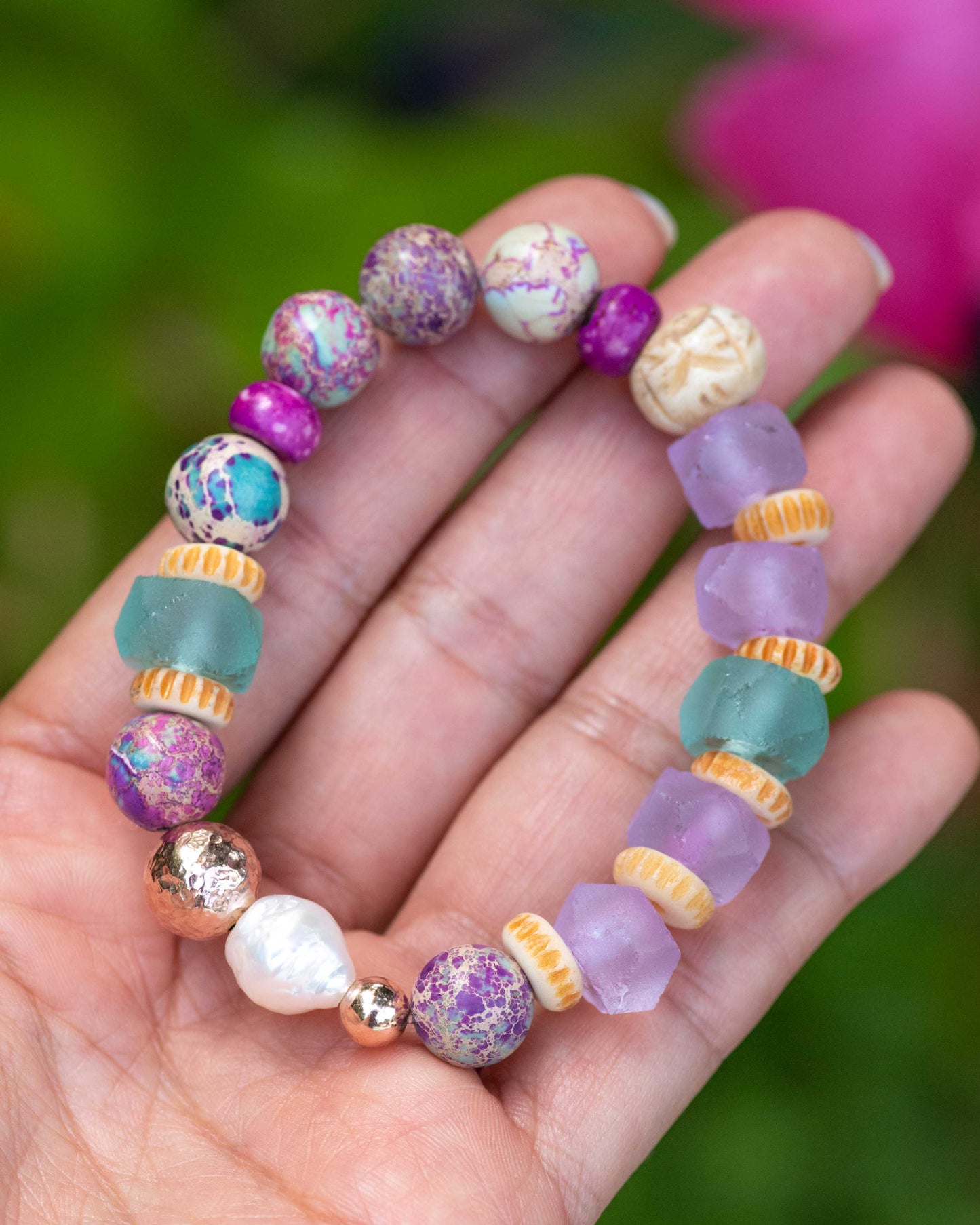 Galaxy Imperial Jasper & Purple Glass Pearl Bracelet