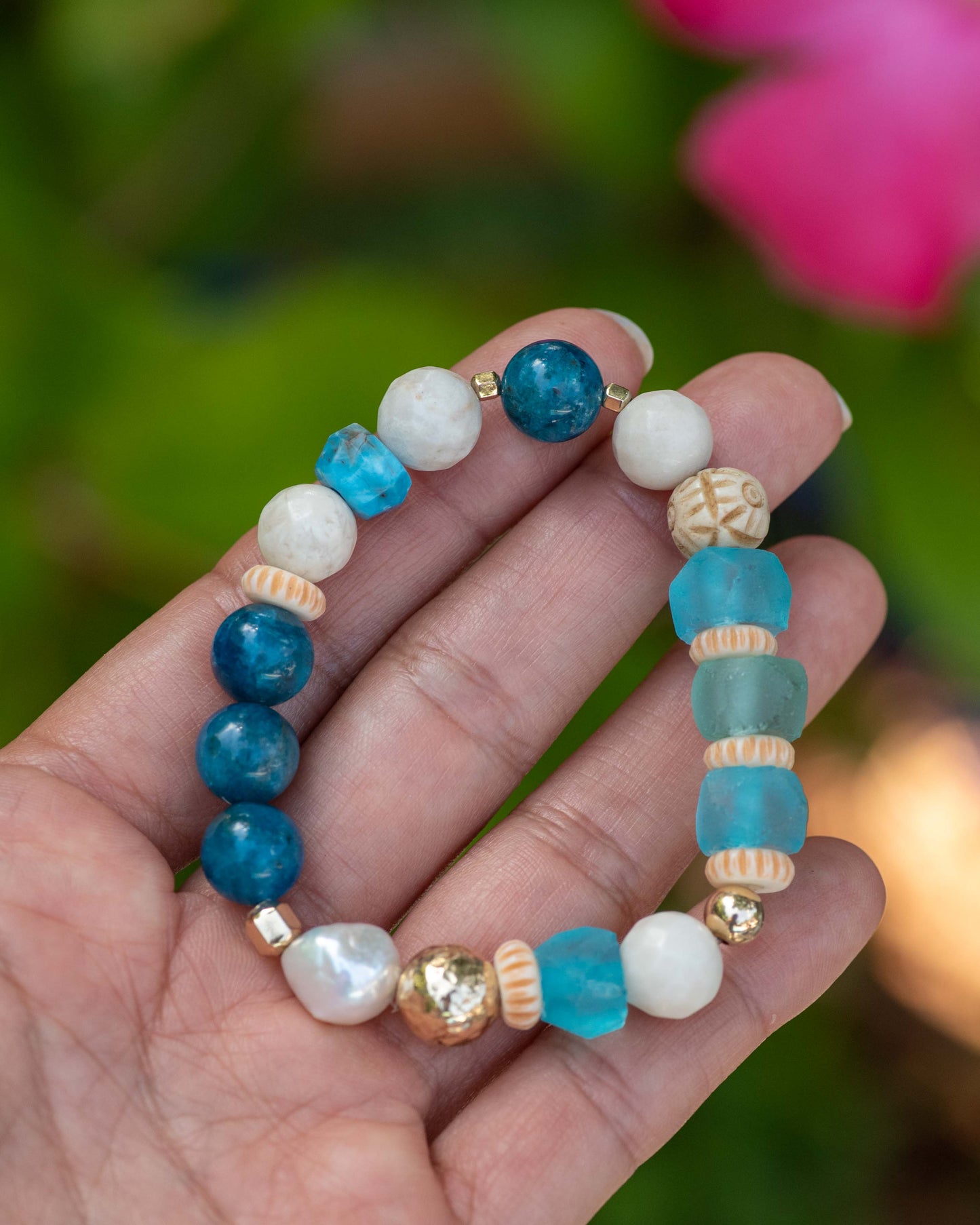 Apatite & Pearl Aqua Glass Beaded Bracelet Single