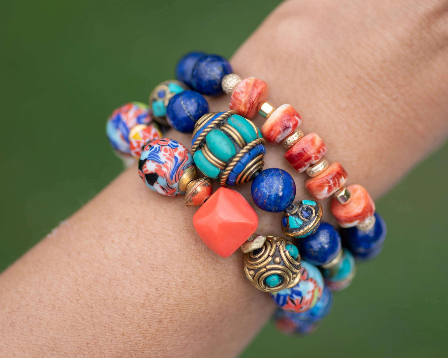 Coral & African Glass Tibetan Beaded Bracelet Gemstone Stack Vida Jewelry Designs