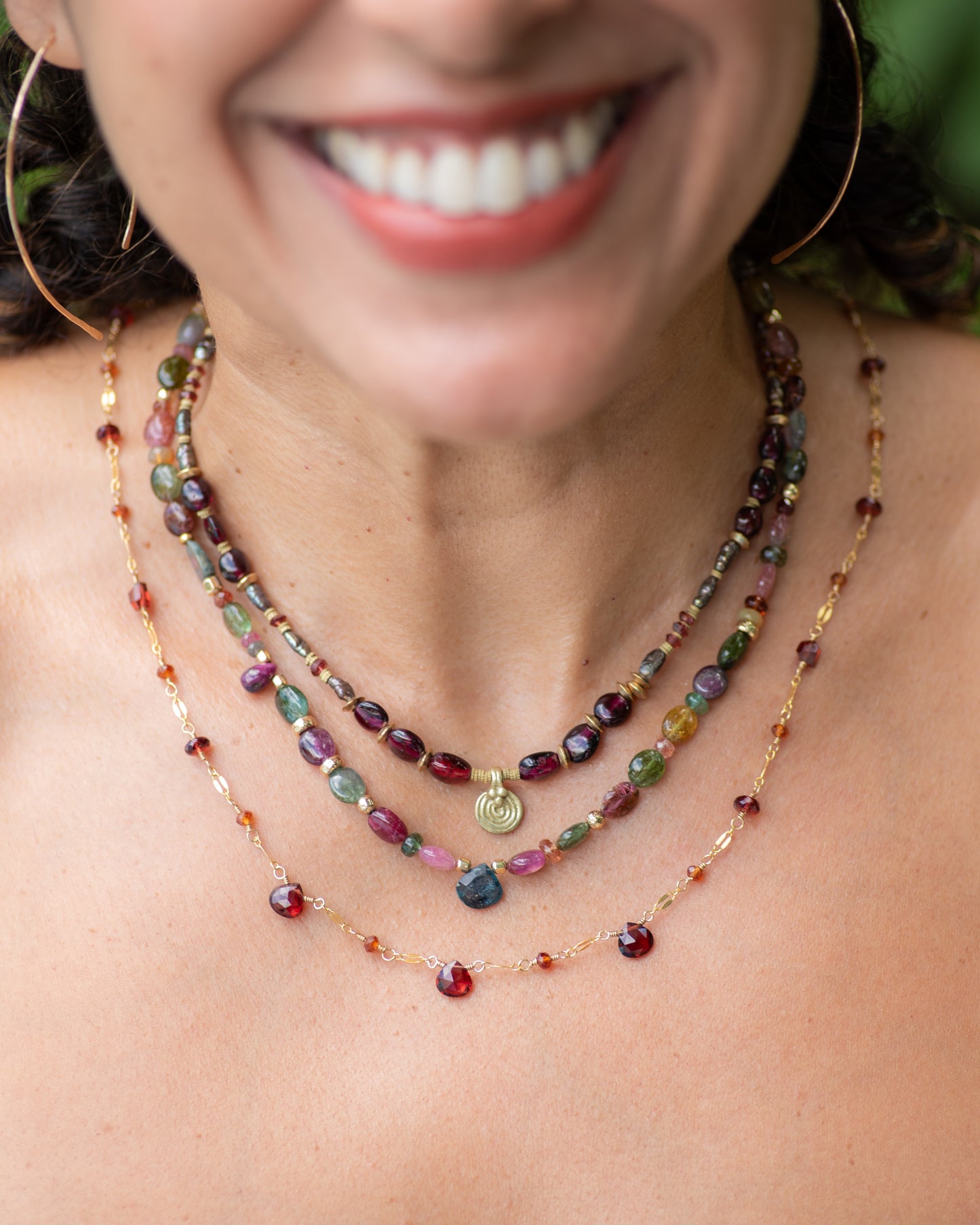 Garnet & Peacock Pearls Brass Necklace