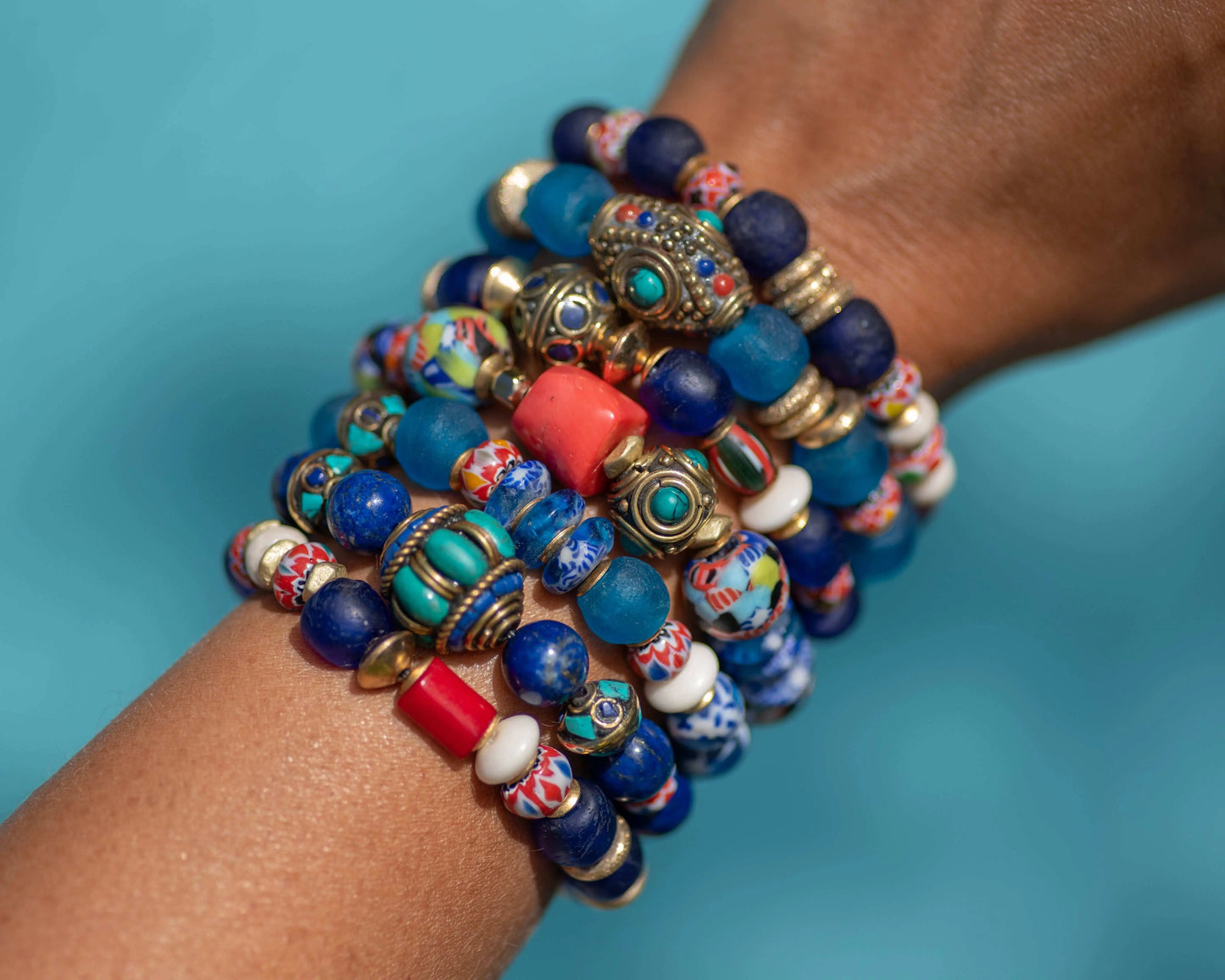 Navy Blue Glass & Coral Beaded Bracelet