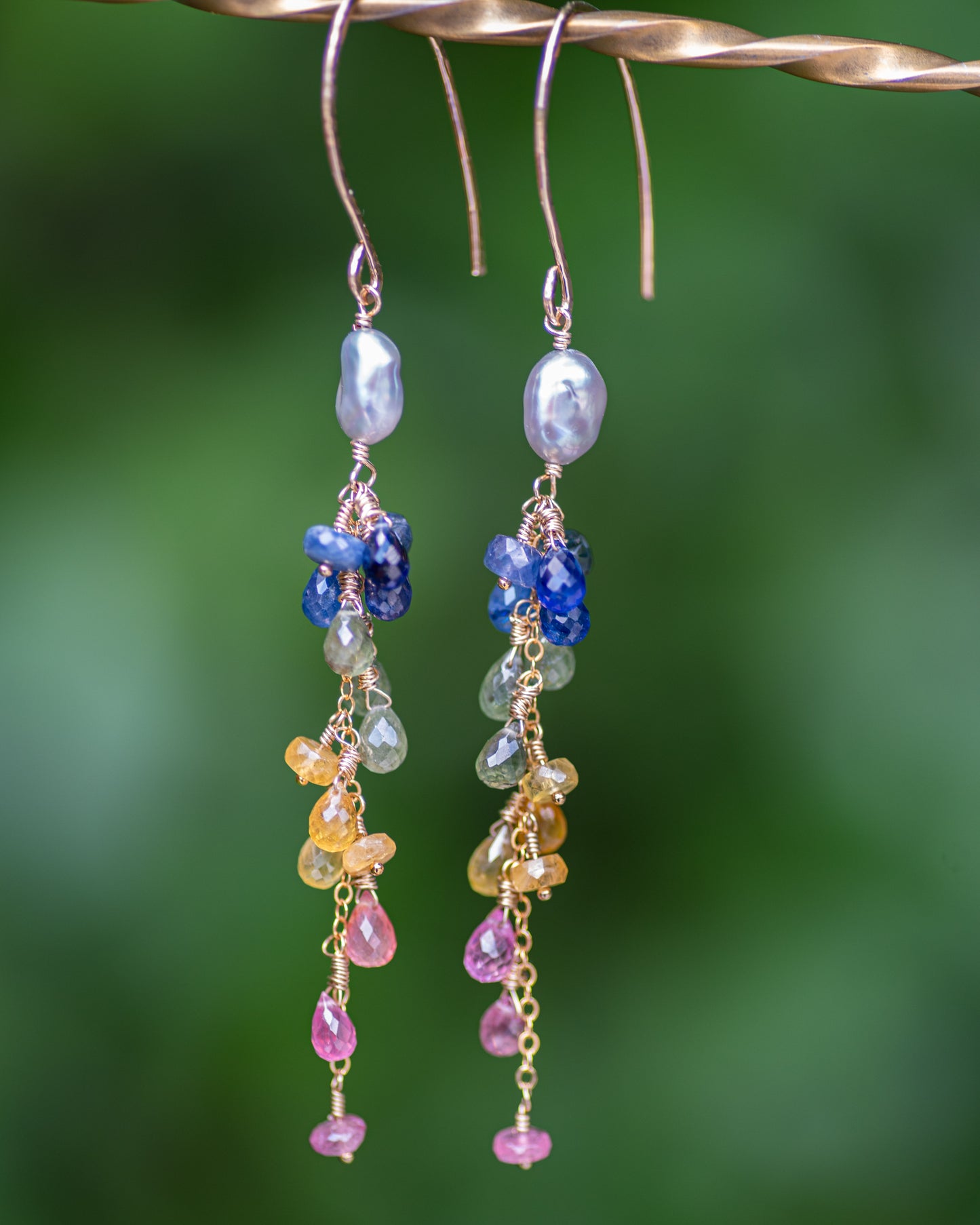 Gray Keshi Rainbow Sapphire Dangle Earrings