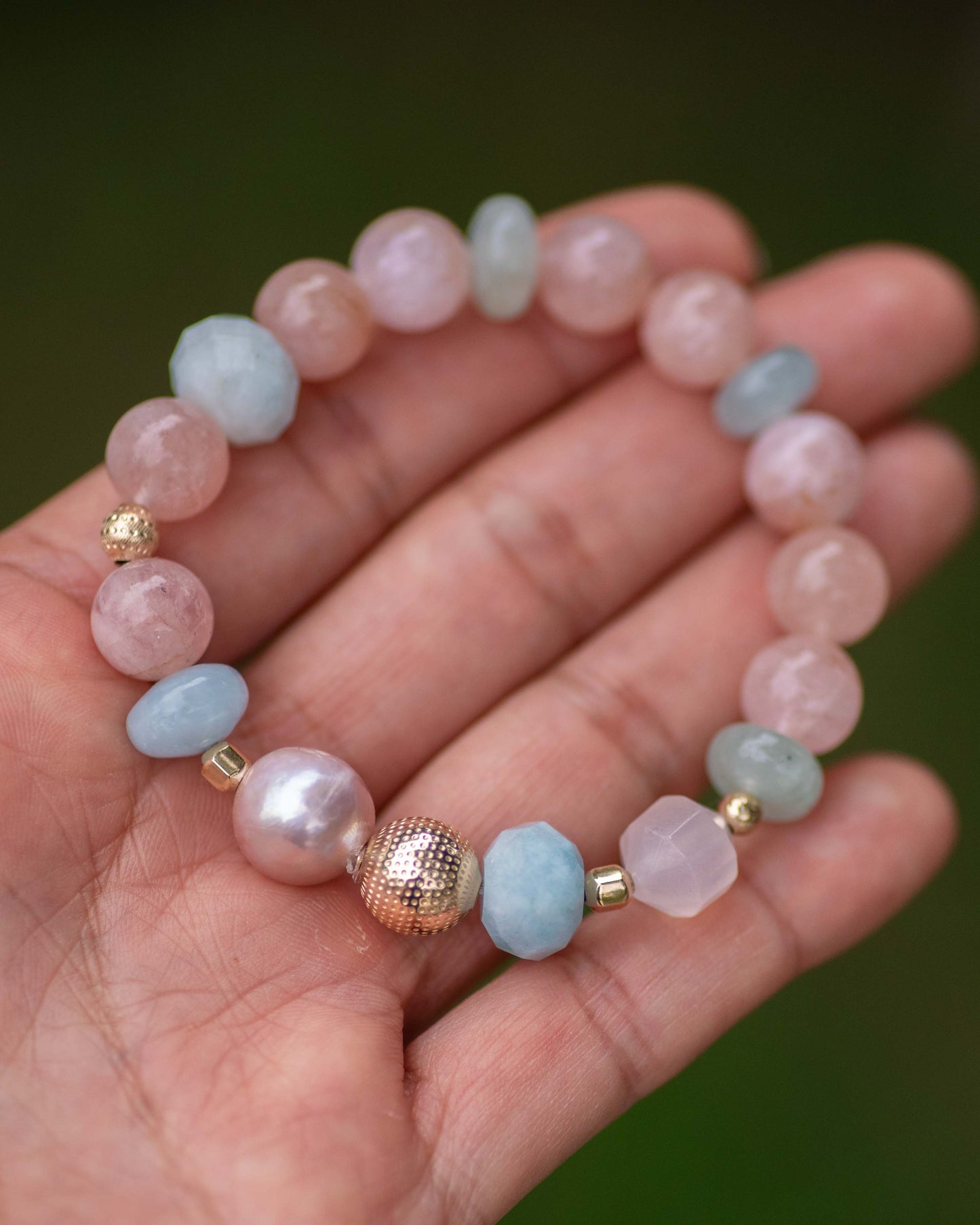 Pink Morganite & Aquamarine Mauve Pearl Gemstone Bracelet