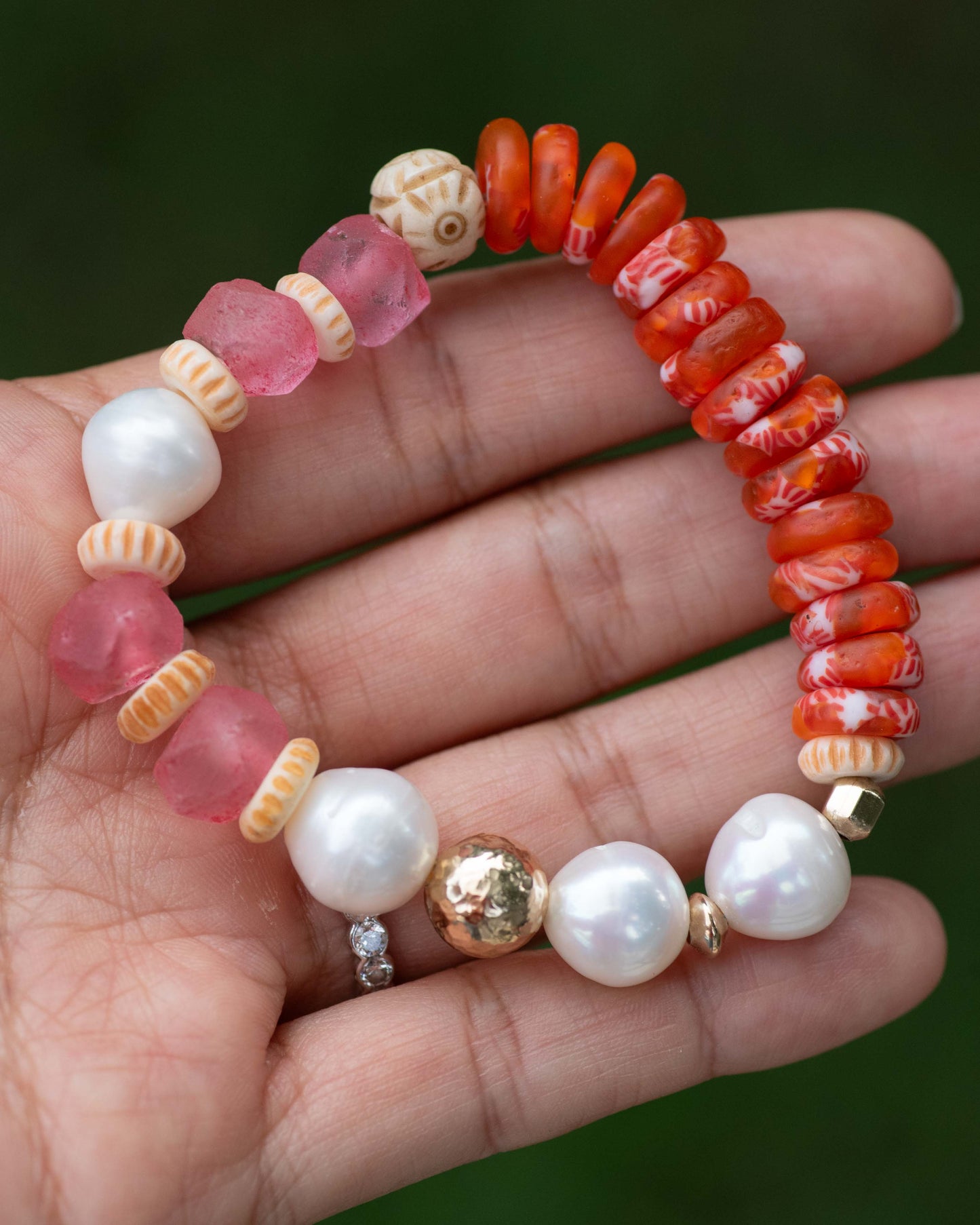 Pink & Orange African Glass & Baroque Pearl Single Beaded Bracelet