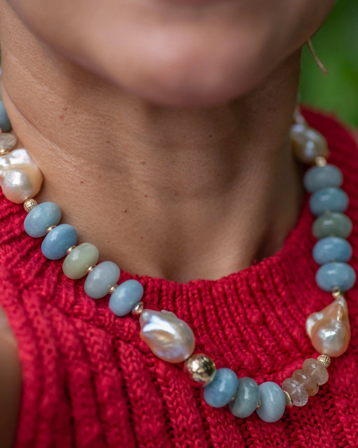 Large Aquamarine & Baroque Pearl Statement Necklace
