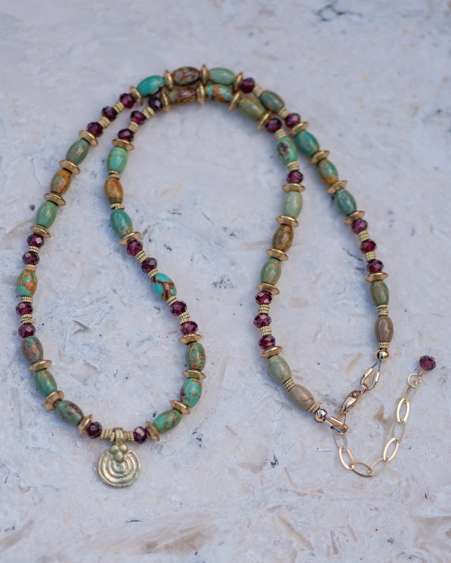 Turquoise & Garnet Brass Beaded Necklace