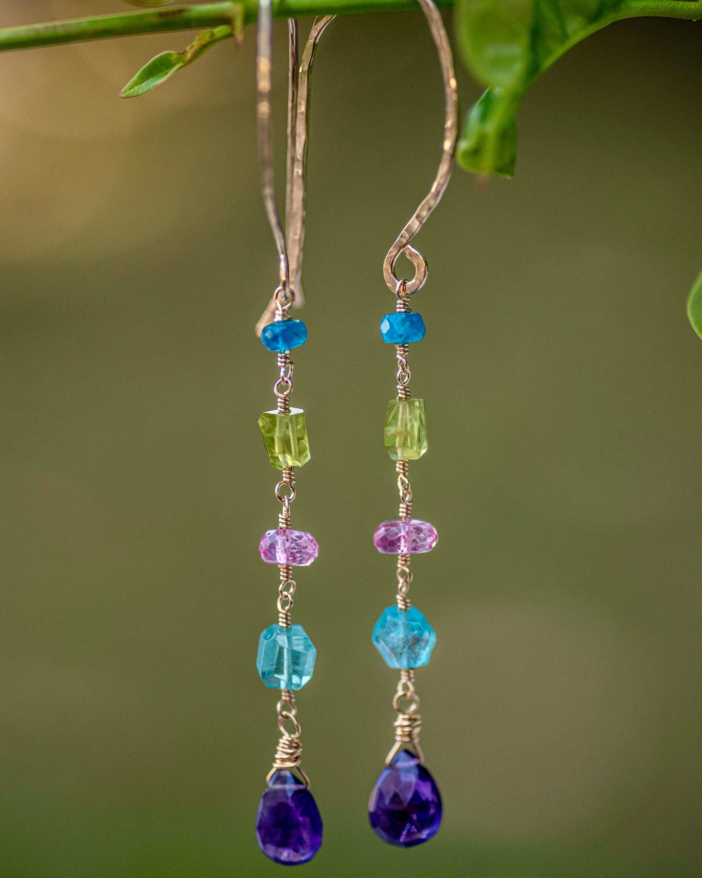 peridot apatite and amethyst drop earrings