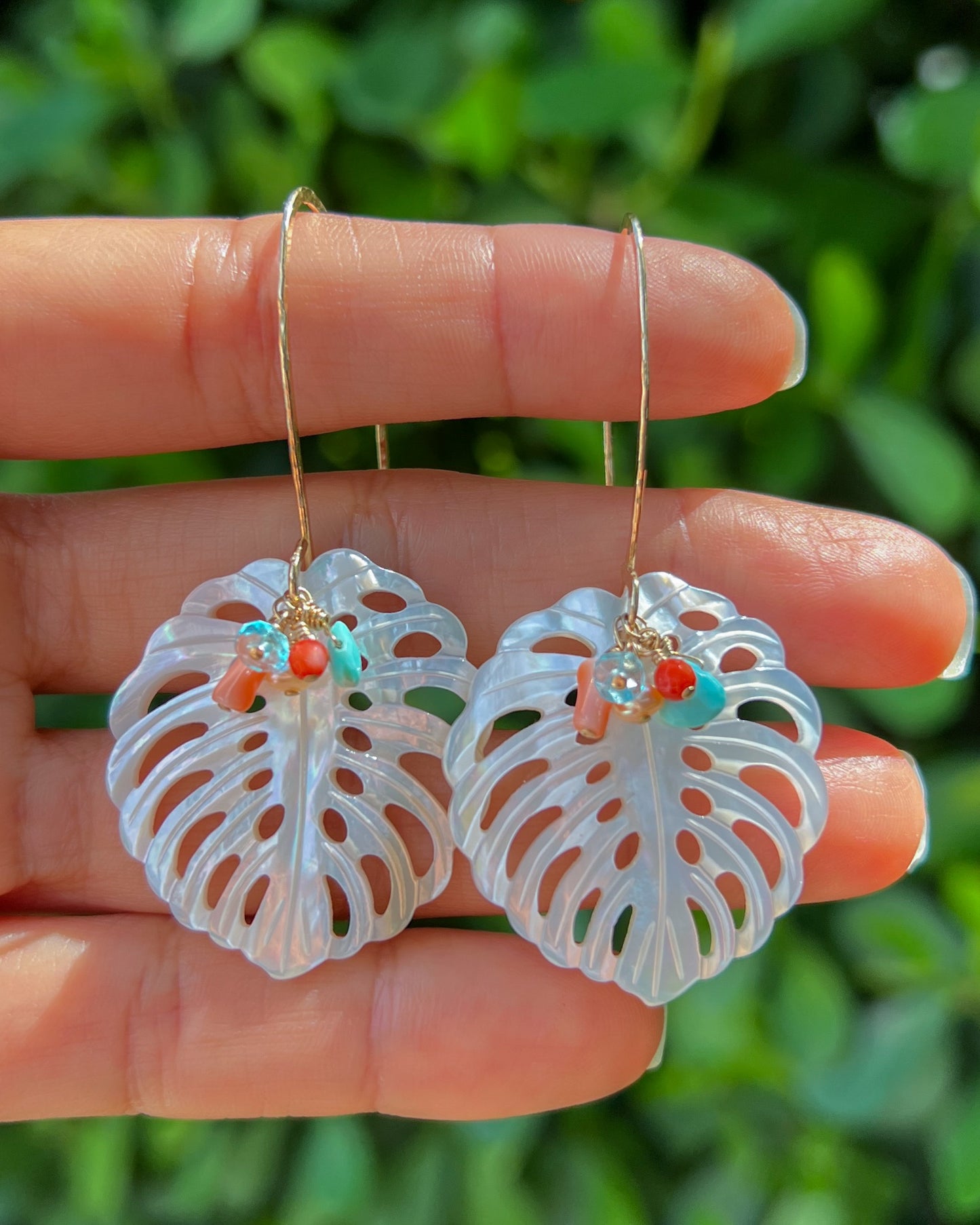 Mother of Pearl Monstera Coral & Turquoise Gemstone Earrings