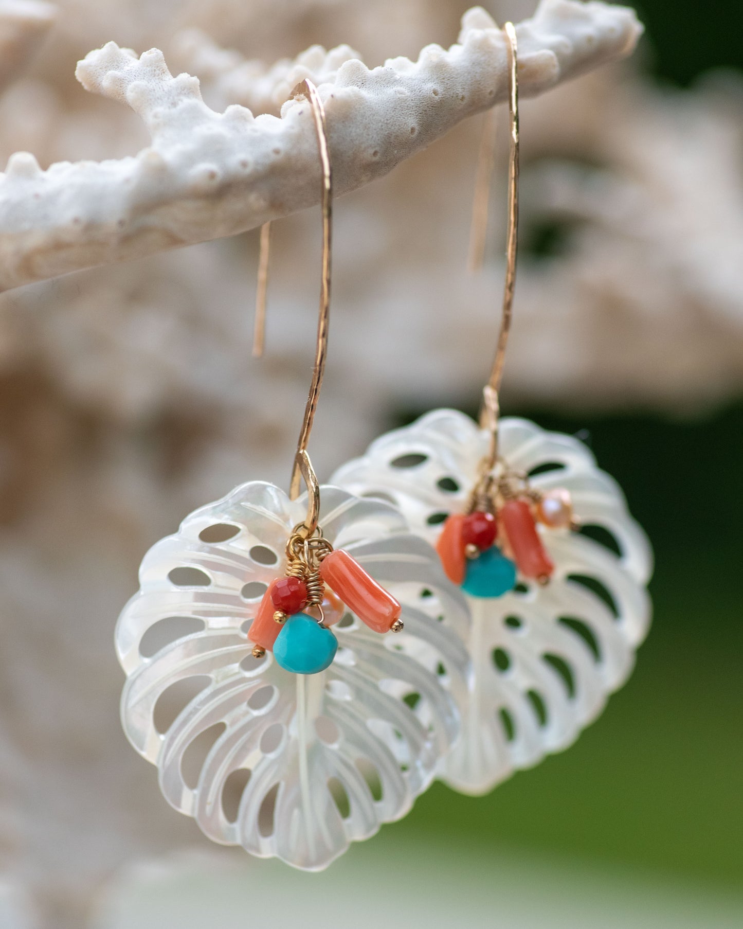 Mother of Pearl Monstera Coral & Turquoise Gemstone Earrings