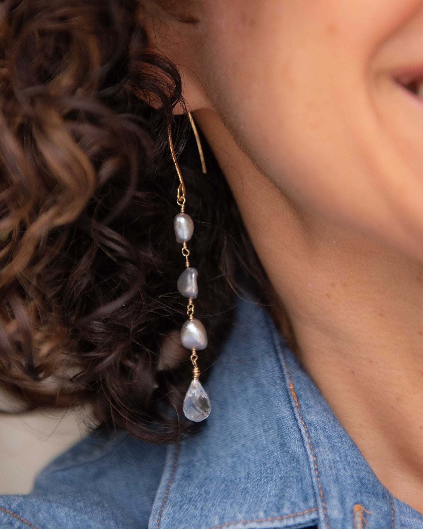 Gray Keshi & Crystal Quartz Earrings