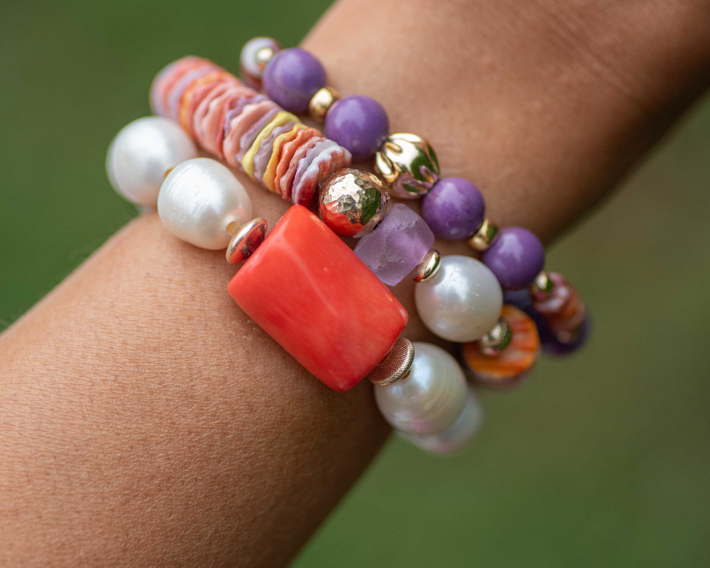 Phosphosiderite & Spiny Oyster Beaded Bracelet
