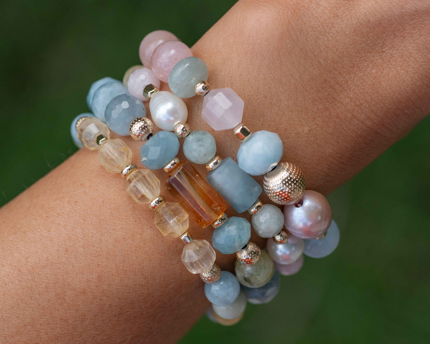 Citrine Prism & Aquamarine 8mm Gemstone Bracelet