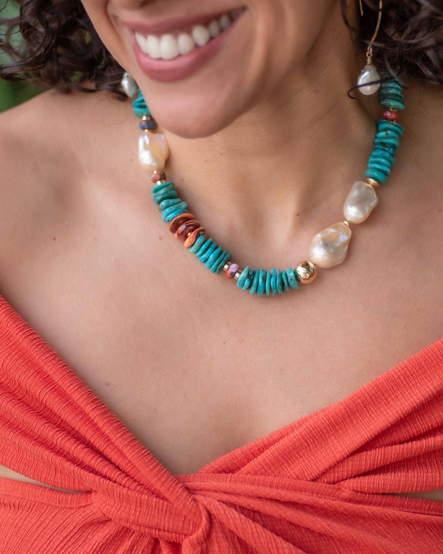 Genuine Turquoise, Spiny Oyster & Baroque Pearl Statement Necklace