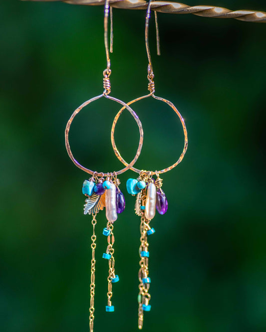 circle hoop earrings with an amethyst and turquoise cluster of gems