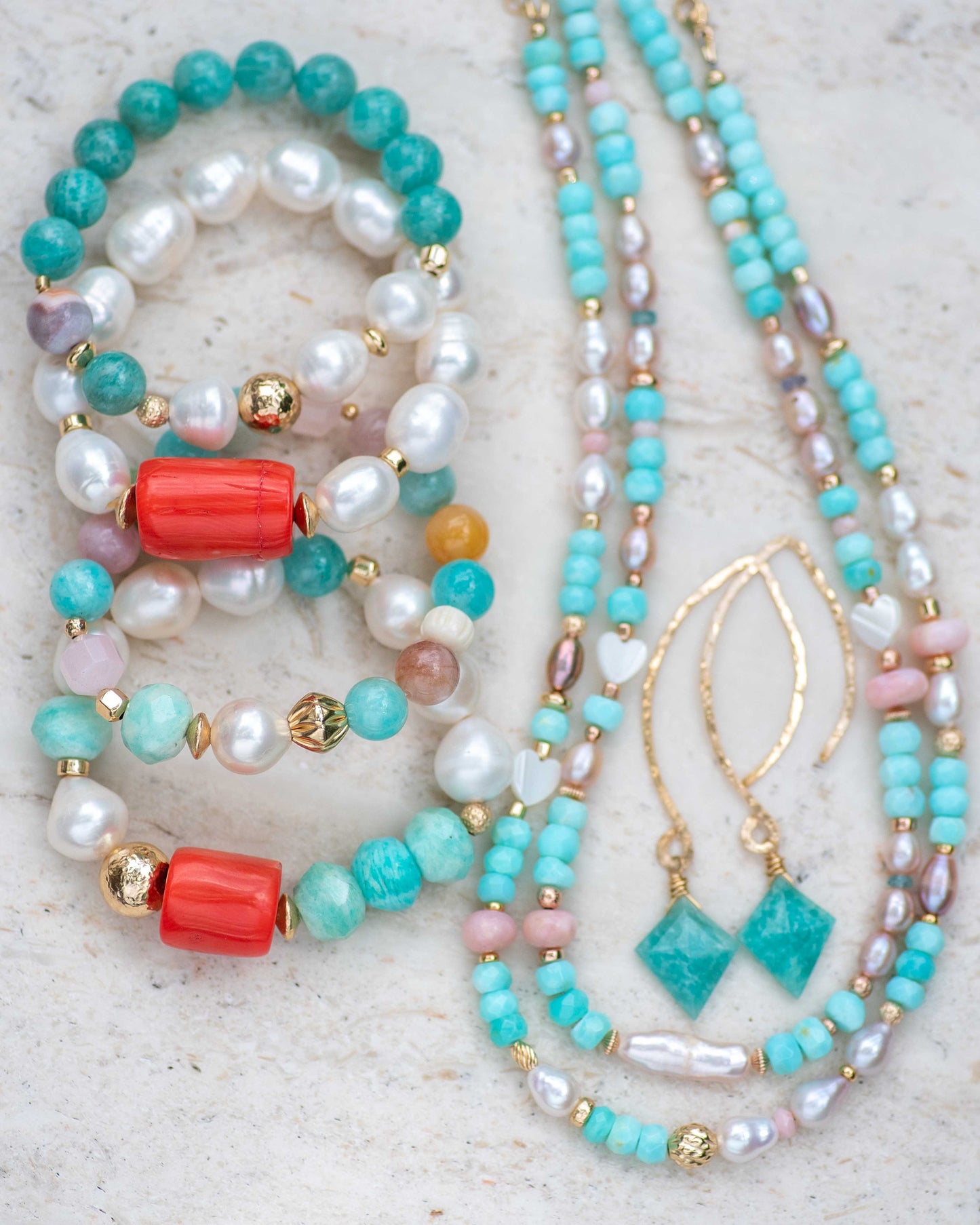 Biwa Pearl & Blue Opal Gemstone Necklace in Rose Gold
